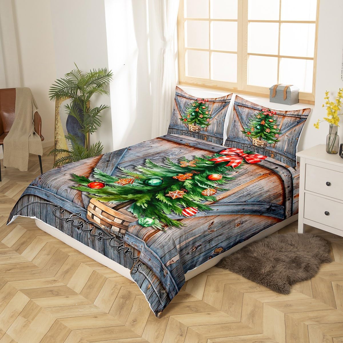 Manfei Juego de funda de edredón para niños con árboles de Navidad, tamaño King, juego de ropa de cama rústica con puerta de madera estilo granero,