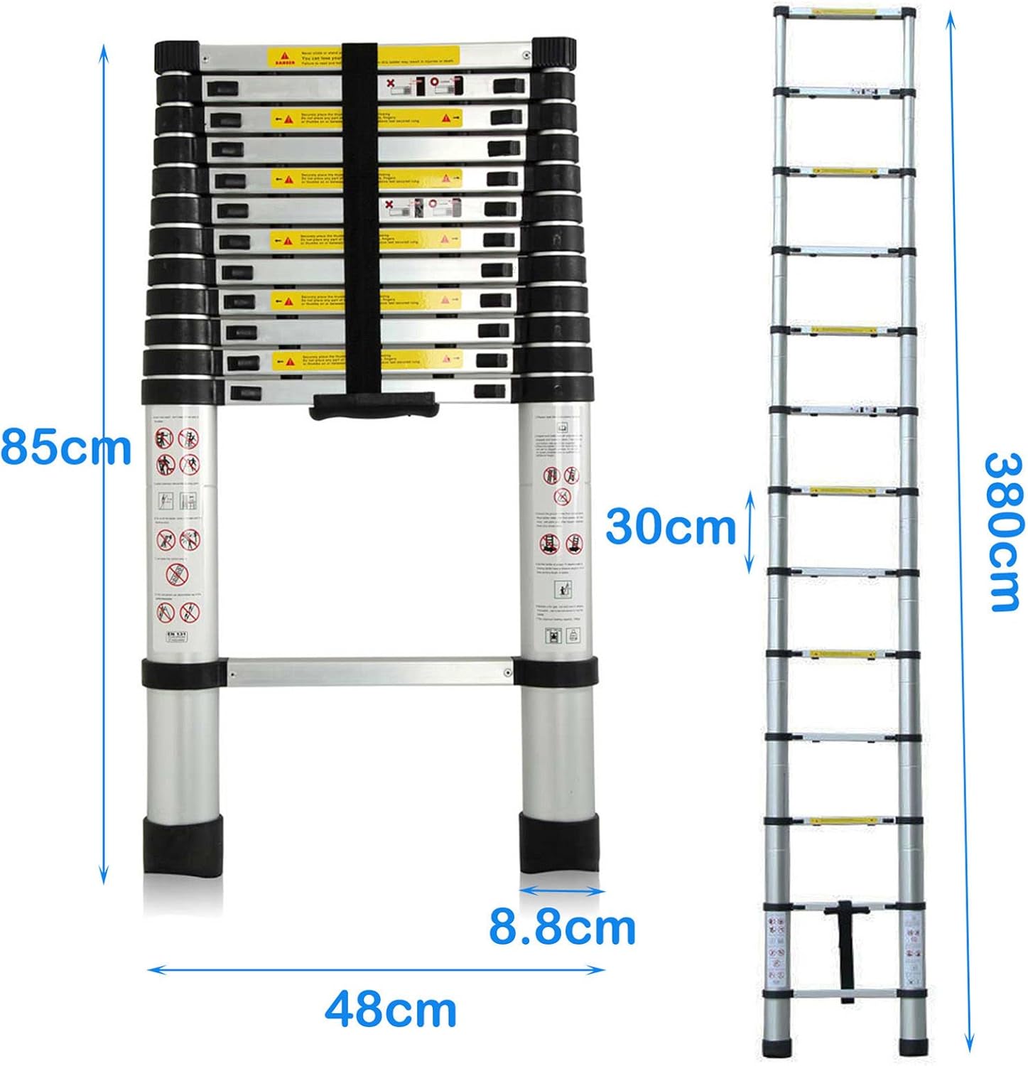 Escalera extensible telescópica de 12.5 pies, 12 escalones, capacidad de carga máxima de 330 libras, EN131, escalera de aluminio con certificación