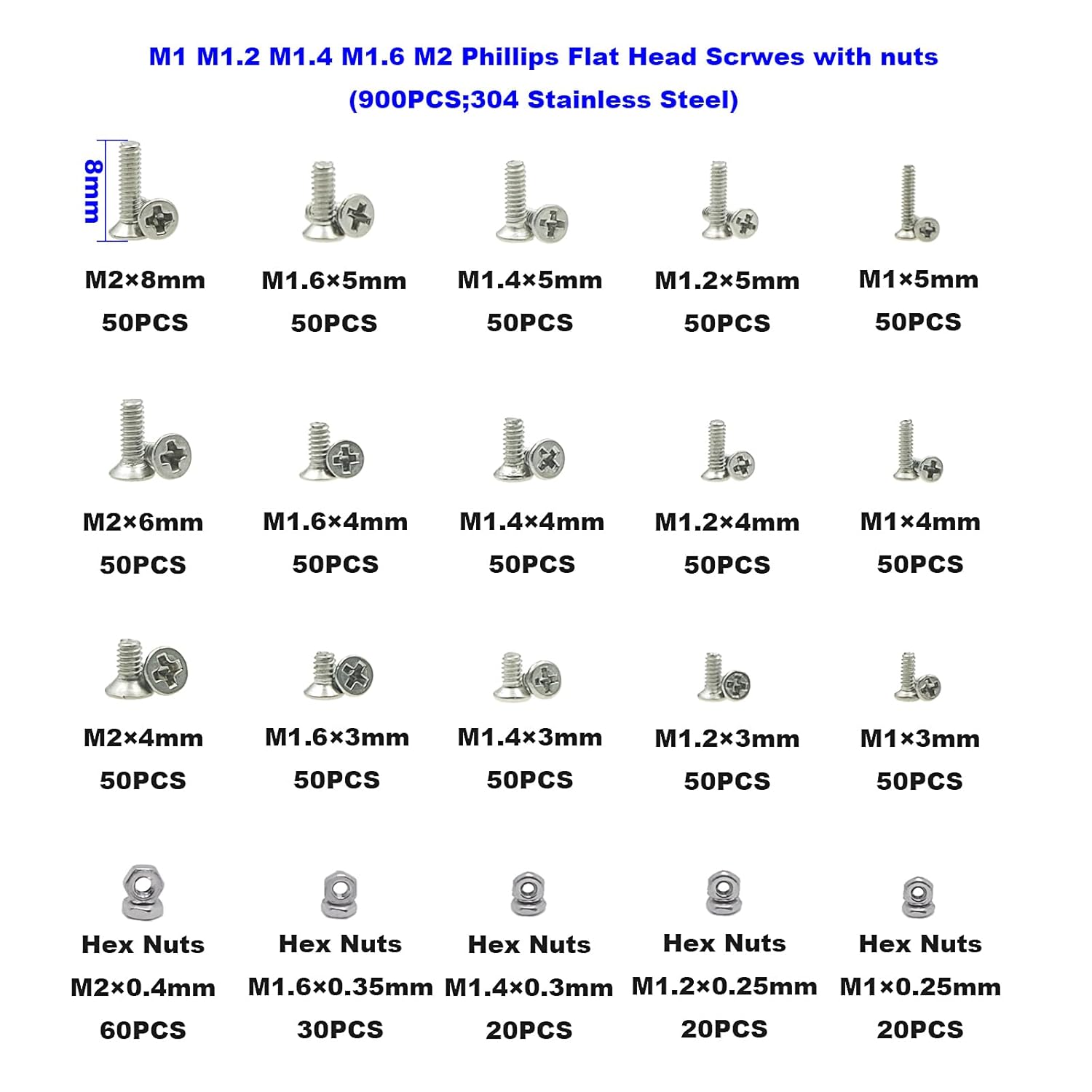 Metric M1 M1.2 M1.4 M1.6 M2 Phillips avellanadocabeza plana de acero inoxidable, kit surtido de tuercas