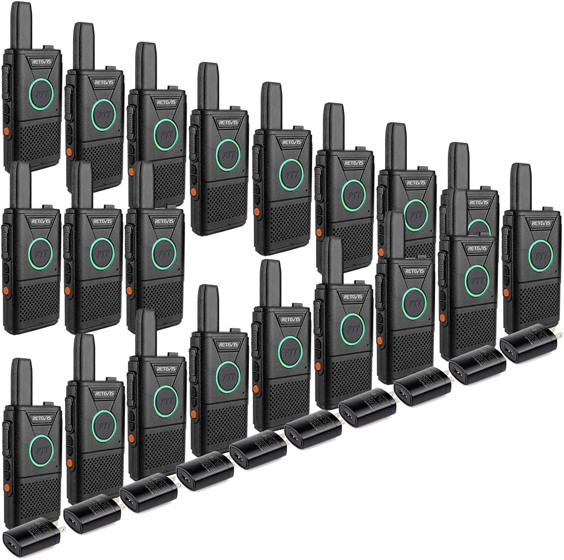 Retevis Walkie talkies RT18 – Paquete de 20 radios de 2 vías, Walkie Talkies de largo alcance, PTT dual, cable de carga USB 2 en 1, VOX, clip de