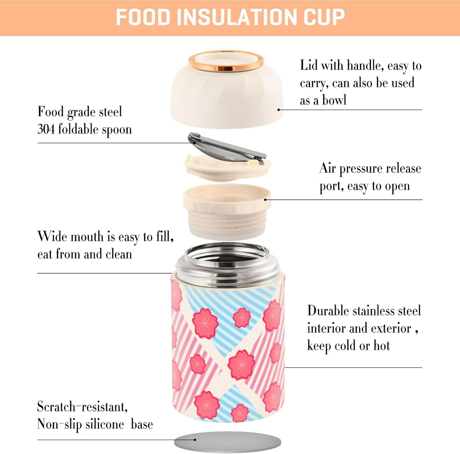 Pink Flowers Strip Boho Kids Womens Insulated Food Jar Container with Spoon 17oz500ml Soup Containers With Lids Stainless Steel Vacuum Keep Warm
