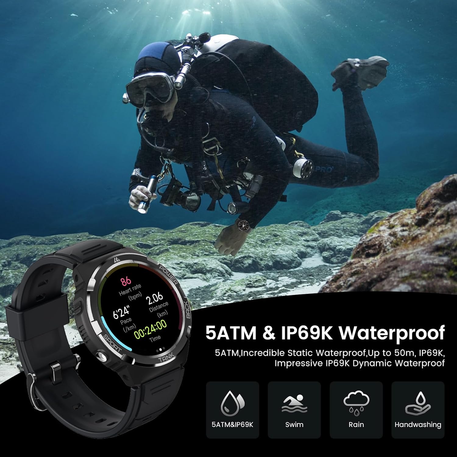 AMAZTIM Reloj inteligente, resistente al agua hasta 164.0 ft, batería extra larga de 50 días, resistente militar (respuestallamadas de marcación),