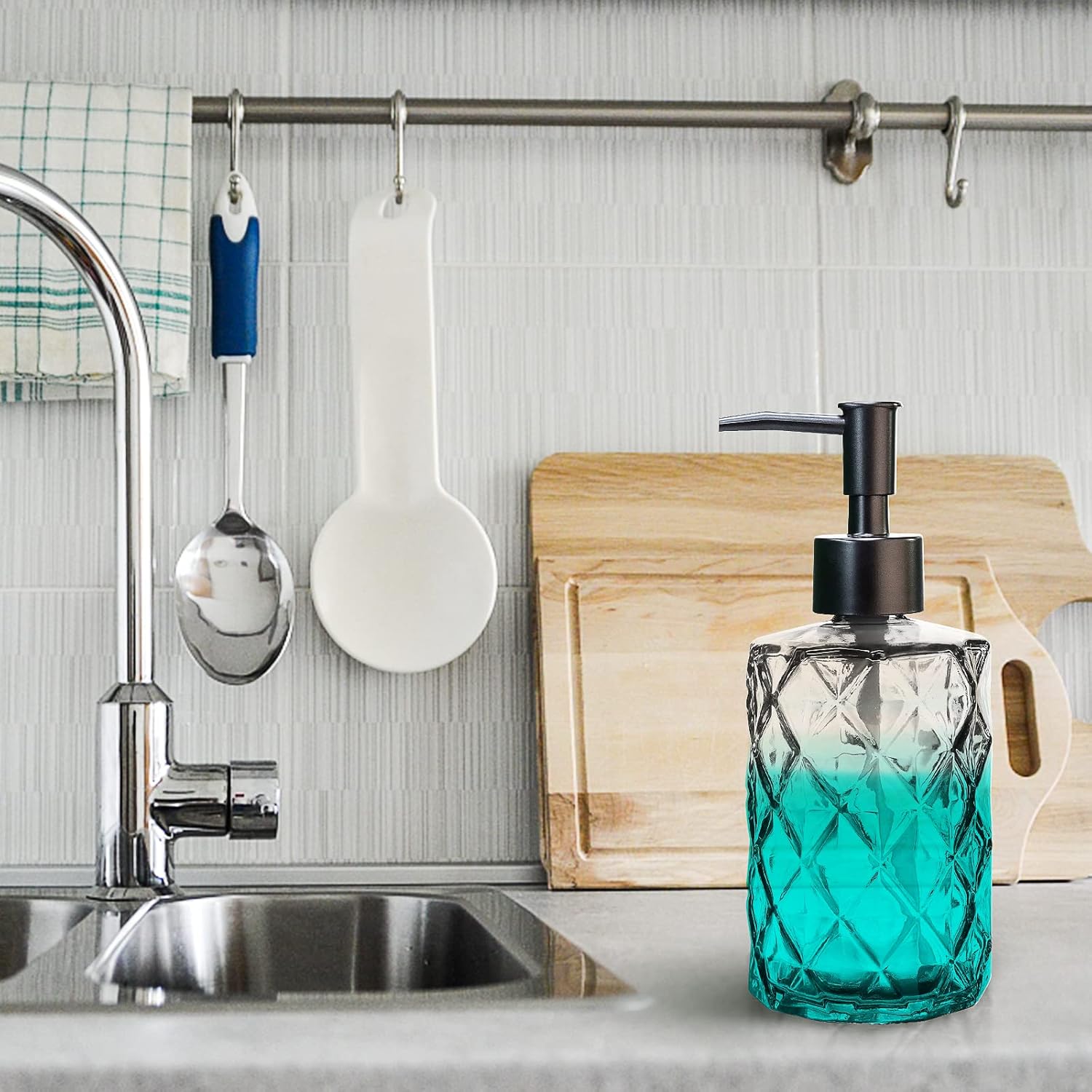 Top-spring Dispensador de jabón de vidrio de 12 onzas, dispensador de jabón de loción recargable para baño, cocina, jabón de manos, jabón para platos