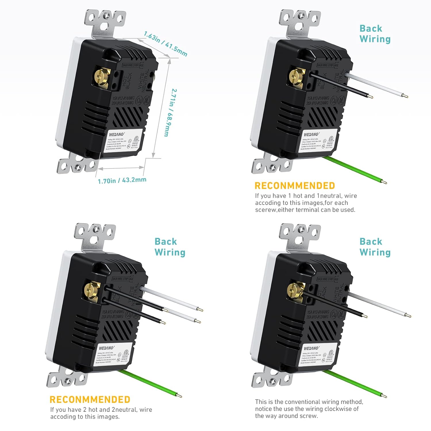 WEBANG Toma de corriente de cargador de pared USB, 5.0 amperios tipo A y tipo C, toma de corriente eléctrica de 20 A con puerto USB C, placa de