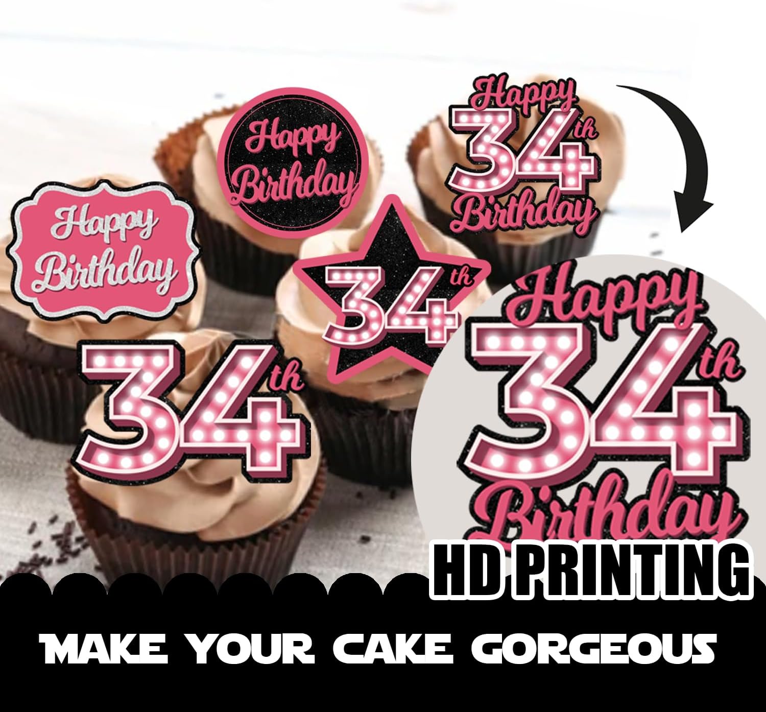 18 piezas de cupcakes de postre con purpurina rosa con 34 letras Let’s Glow Crazy Party Theme Party Suministros de decoración para niñas y damas,