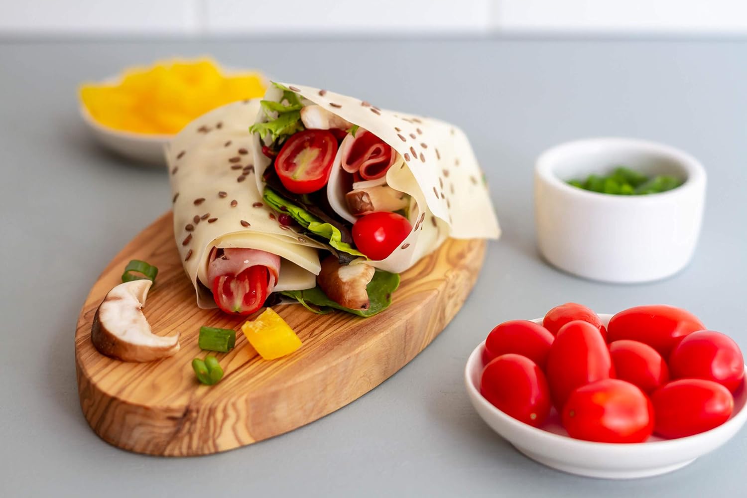 Norigami Envolturas de huevo con proteína de soja, semillas de lino. Altas proteínas, bajas en carbohidratos, vegetarianas. Envolturas finas y