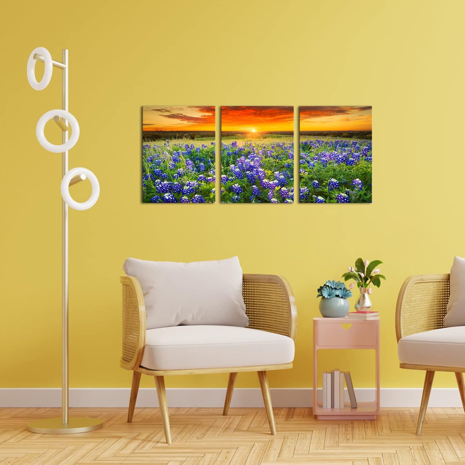 Nachic Wall Cuadro de 3 piezas de puesta de sol para pared, hermoso campo de arándanos de Texas, pintura fotográfica sobre lienzo, póster de paisaje