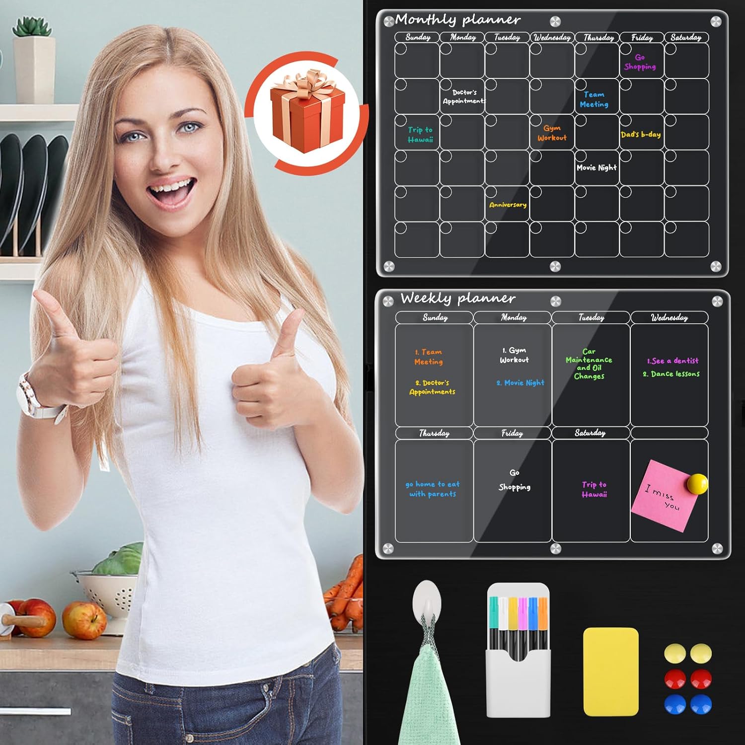 CSIHOP Calendario acrílico para refrigerador H2.0, calendario magnético transparente para nevera, 2 piezas, calendario reutilizable para