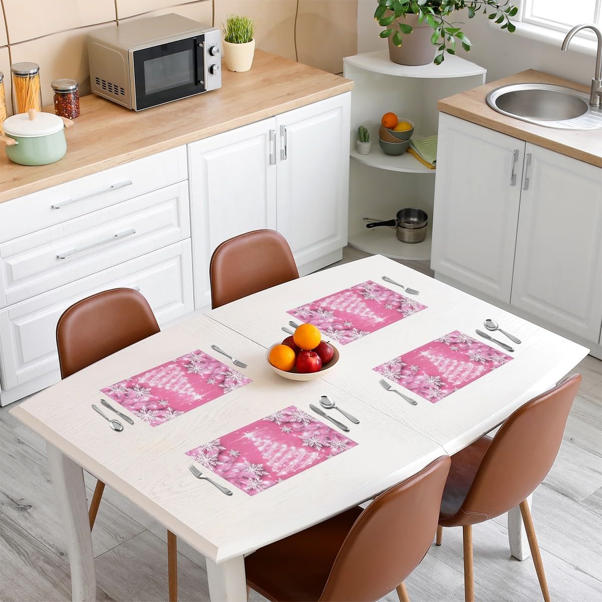 Juego de 4 manteles individuales con diseño de árbol de Navidad, diseño de copo de nieve rosa, para mujer, con purpurina, decoración de mesa de