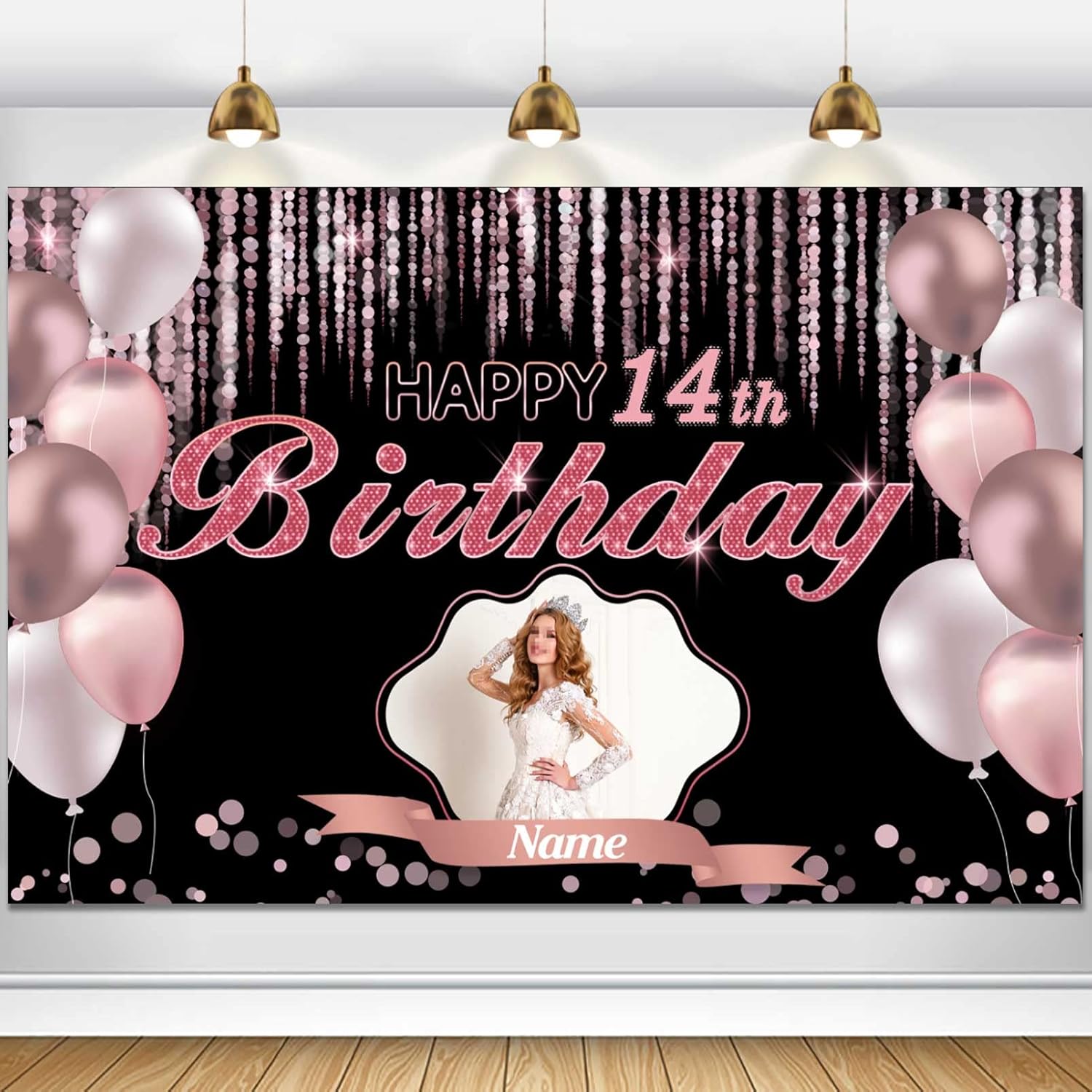 Cartel de decoración de feliz cumpleaños número 14 de oro rosa, tamaño grande, personalización con nombre y foto compatible