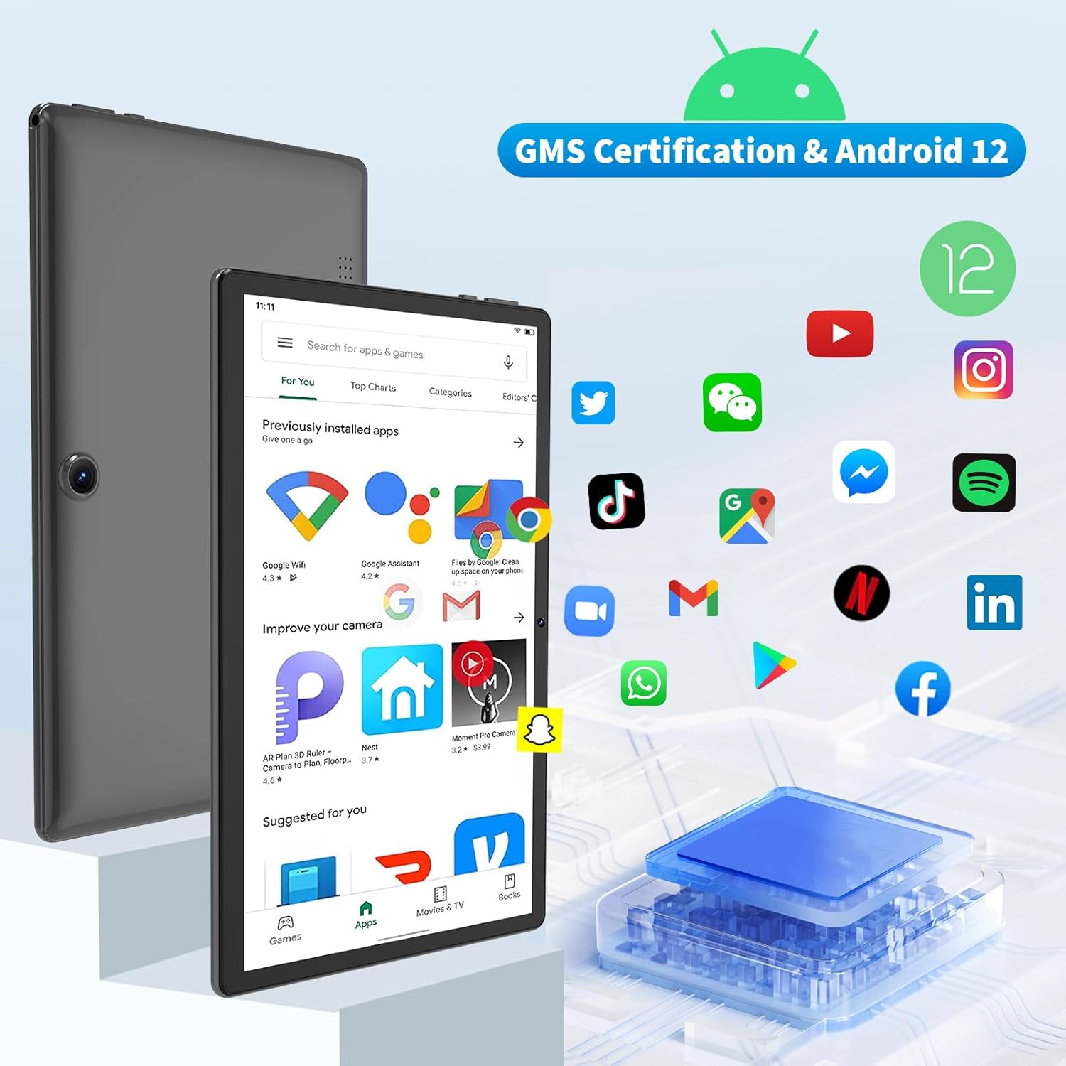 Tablet Android, tableta Android 12 de 10 pulgadas, tableta 2 en 1 con teclado, mouse, funda, lápiz capacitivo, 4 GB de RAM 64 GB ROM 1 TB expandir,