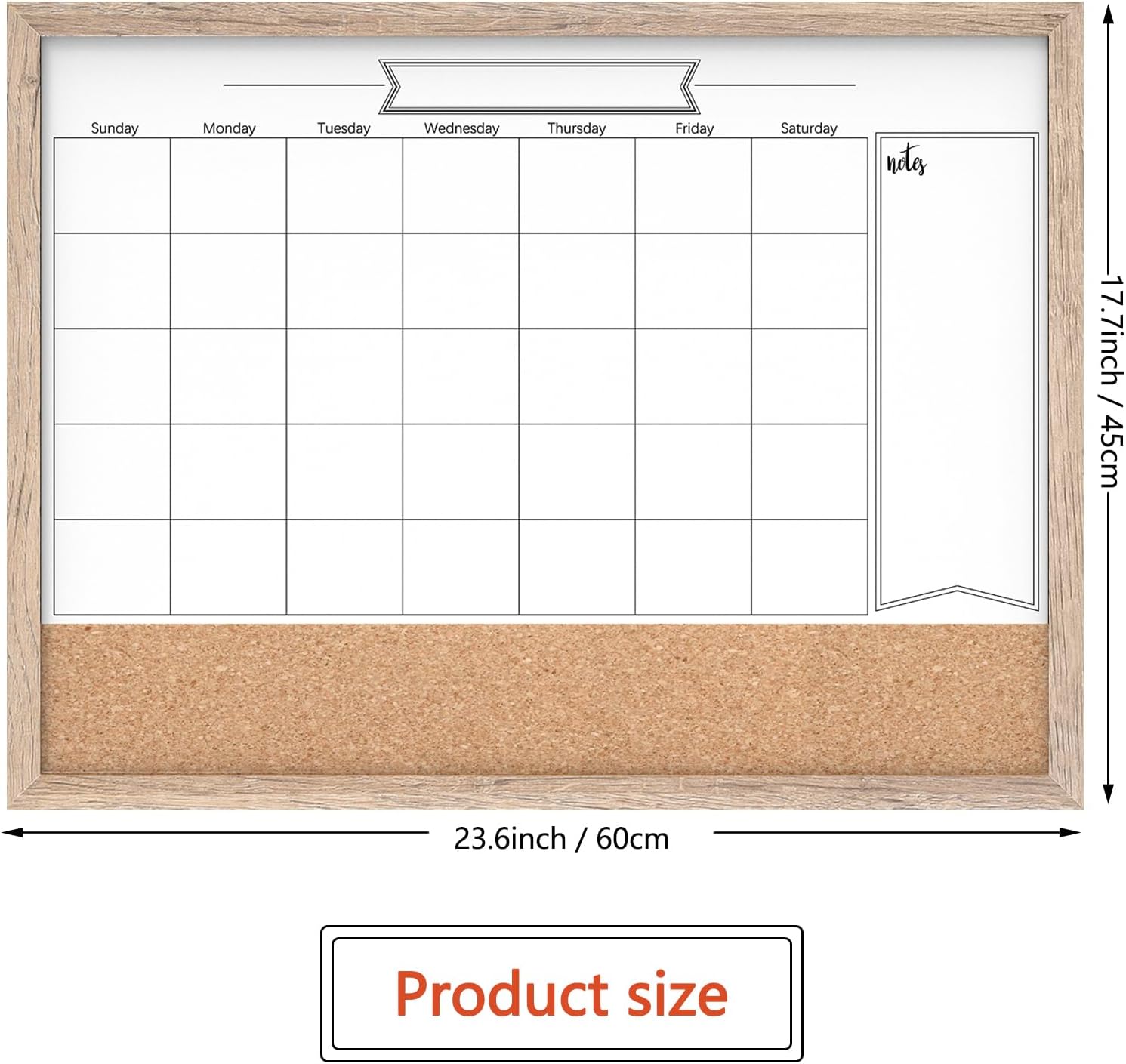 Pizarra blanca con calendario y corcho, 18 x 24 pulgadas, pizarra blanca de borrado en seco y tablón de anuncios, calendario de marco marrón