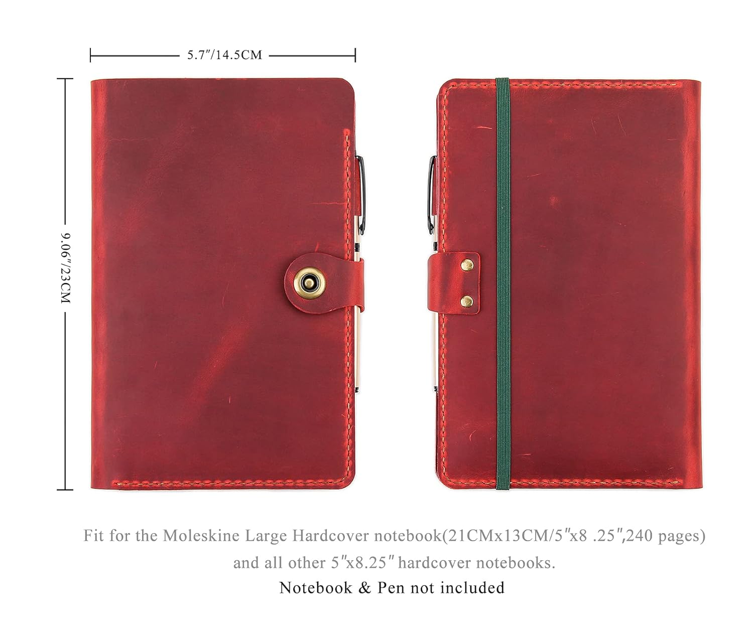 Moleskine – Funda hecha a mano para cuaderno Moleskine de tapa dura, tamaño grande, 5 x 8.25 pulgadas, funda de cuero vintage con soporte para