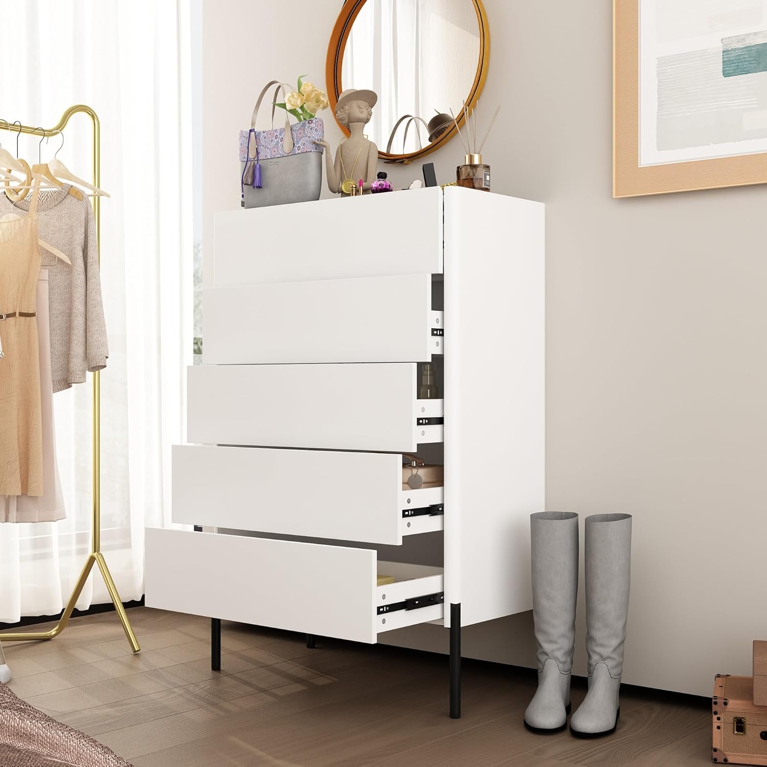 ECACAD Cómoda de 5 cajones con parte superior de vidrio y organizador de cajones, cómoda de almacenamiento de madera moderna de 47.2 pulgadas de
