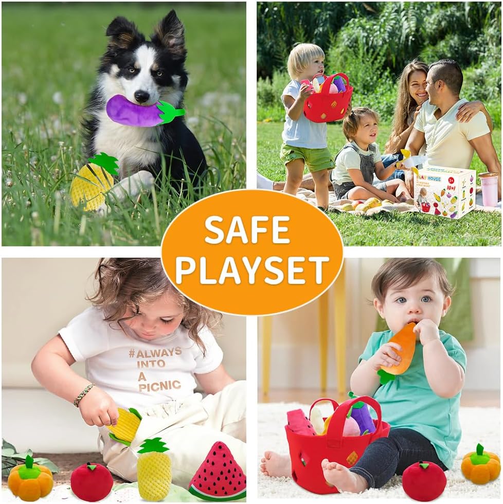 weiff 11 piezas de frutas rellenas de frutas y verduras con canasta, juguetes sensoriales Montessori, juego de comida suave para niños, mascotas,