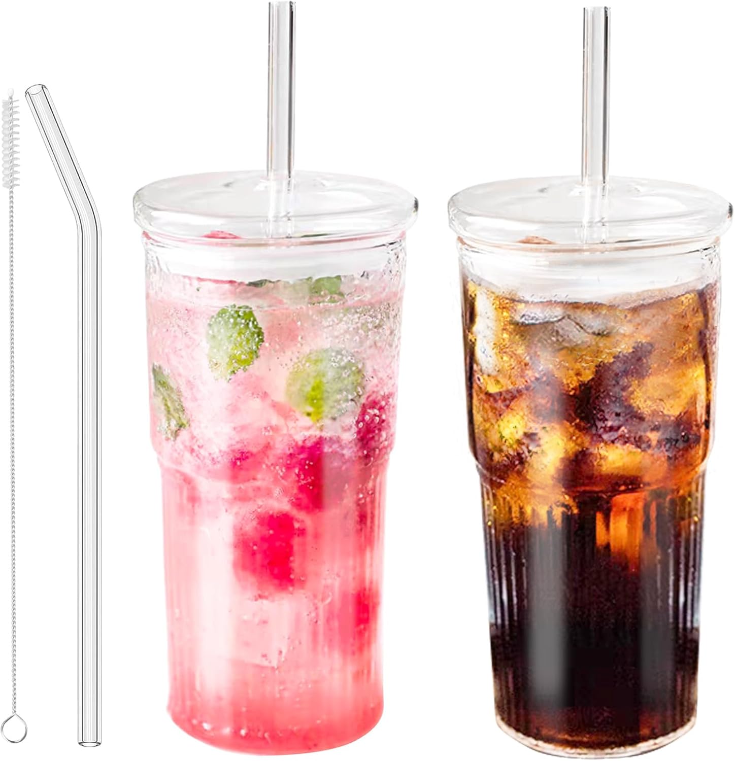 Vaso de vidrio con popote y tapa, vasos transparentes de 20 onzas para café helado, jugo, té, leche, batido y bebidas frías o calientes, juego de 2