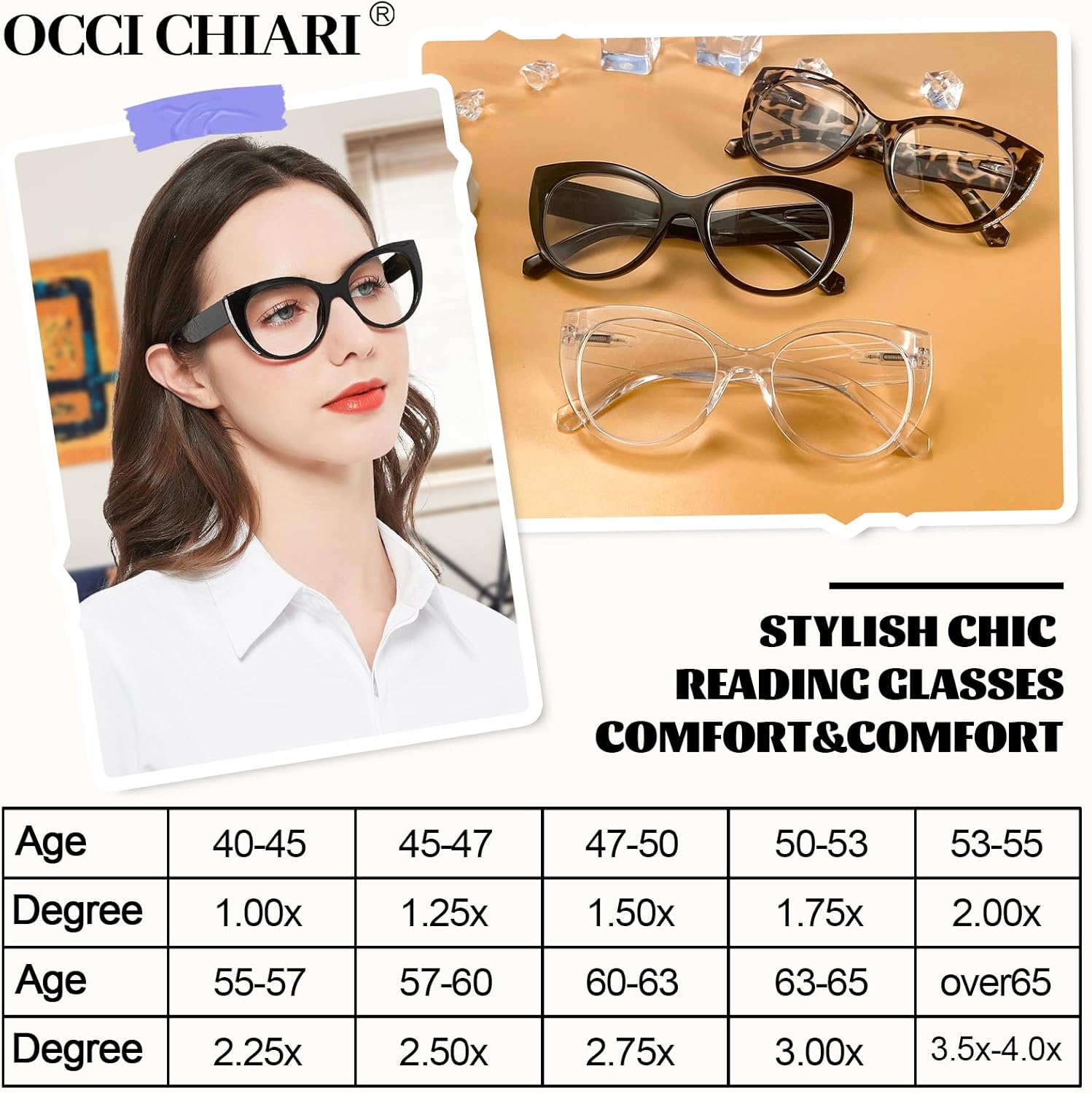 OCCI CHIARI Cateye – Gafas de lectura para 2.5+ lectores de mujer (1.0 1.5 2.0 2.5 3.0 3.5) Lente transparente