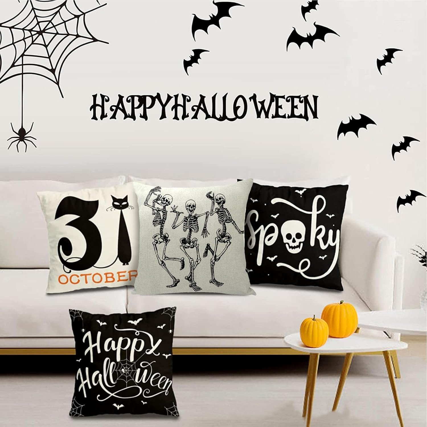 Fundas de almohada decorativas de Halloween, 1 unidad, de lino y algodón, color negro y blanco, fundas de cojín cuadradas de 18 x 18 pulgadas para