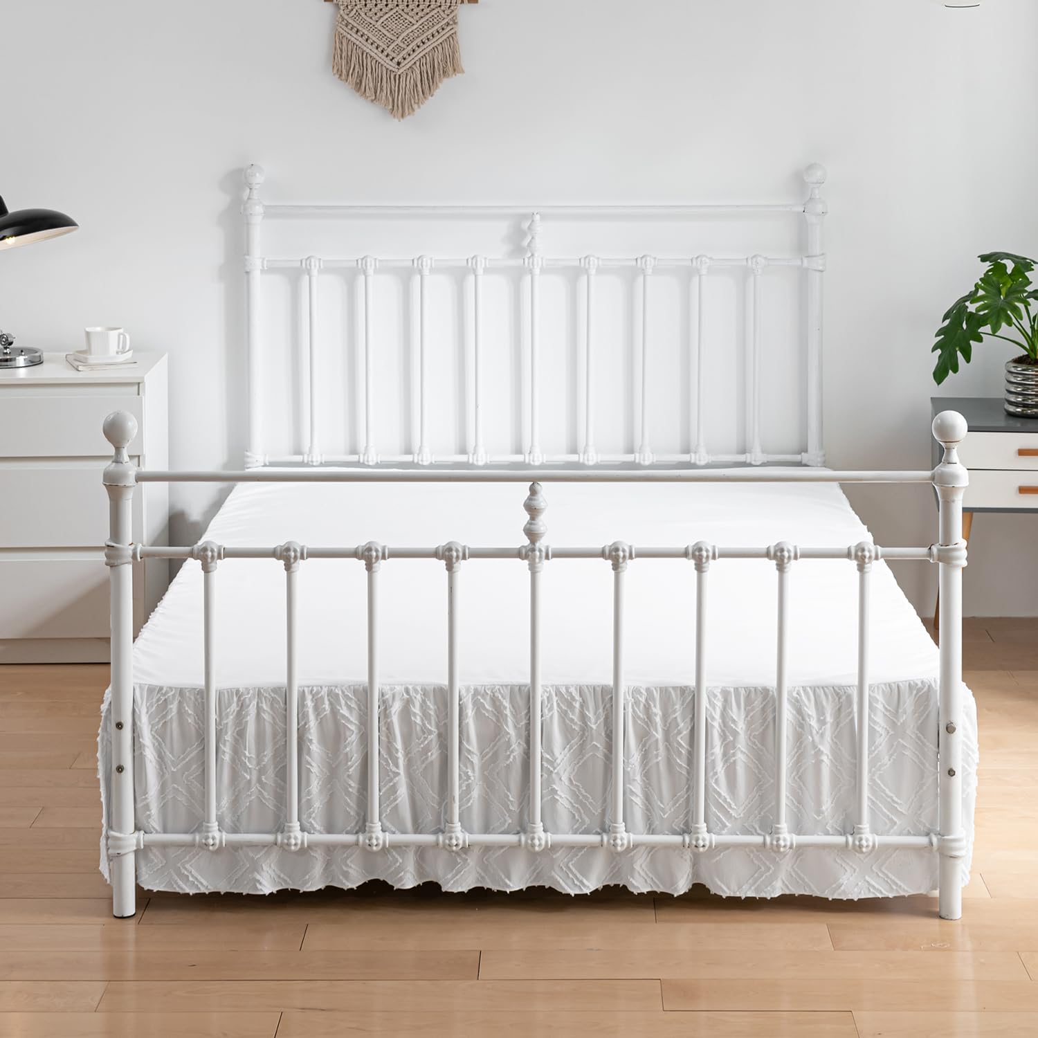 Falda de cama copetuda, falda de cama con volantes con esquinas divididas, falda de cama Queen de 16 pulgadas de caída, falda de cama cuadrada