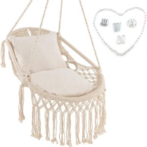 Giantex Silla columpio de macramé, columpio colgante de porche con cojines de asiento suaves, cuerda de algodón y kits de herramientas, soporta Giantex Silla columpio de macramé, columpio colgante de porche con cojines de asiento suaves, cuerda de algodón y kits de herramientas, soporta
