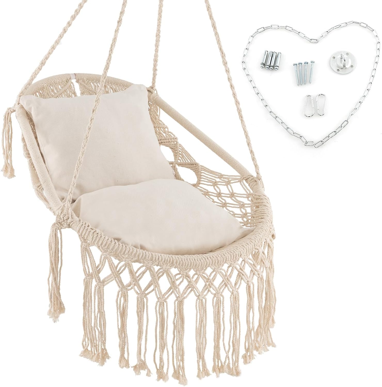 Giantex Silla columpio de macramé, columpio colgante de porche con cojines de asiento suaves, cuerda de algodón y kits de herramientas, soporta