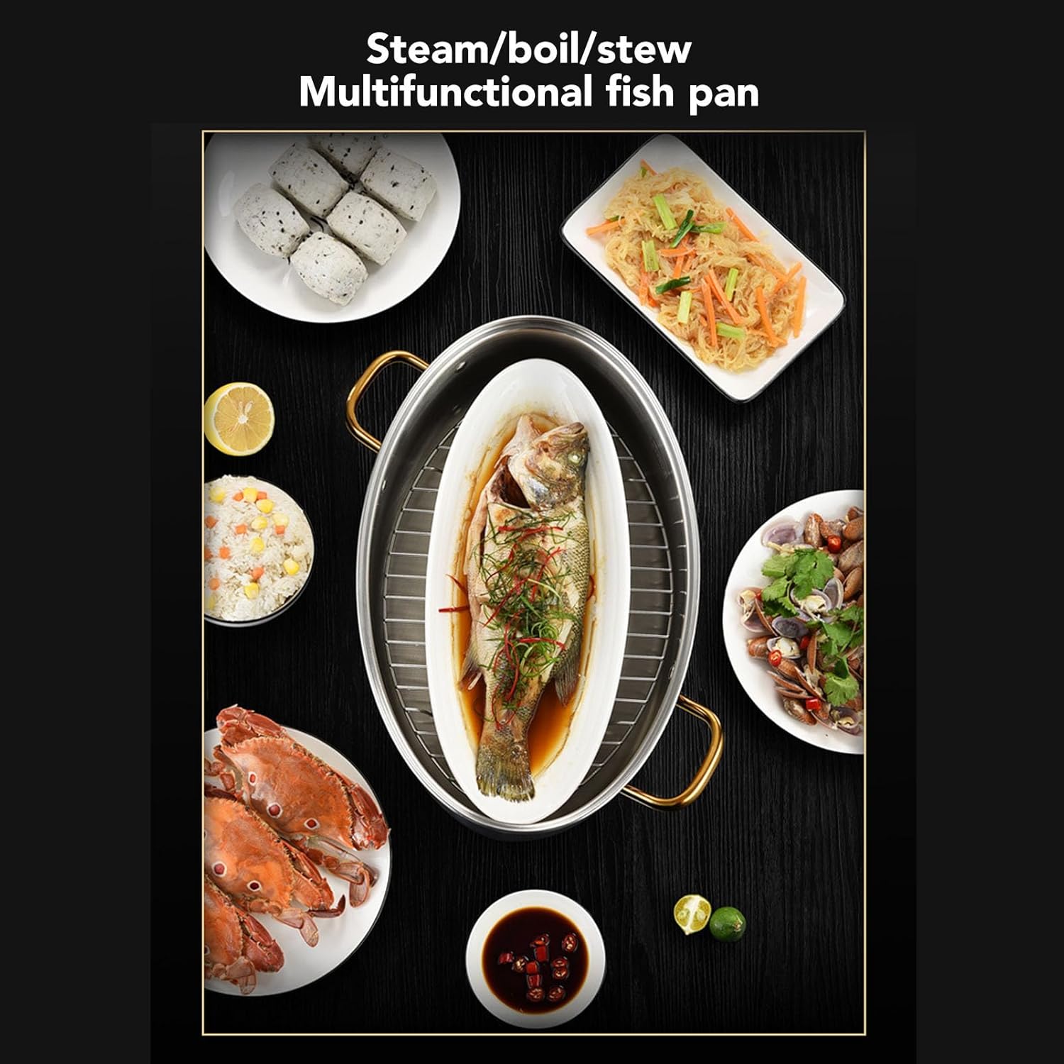 Vaporizador de pescado de acero inoxidable, olla ovalada resistente con tapa de sartén de cerámica, olla de cocina multiusos para cocinar sopa de