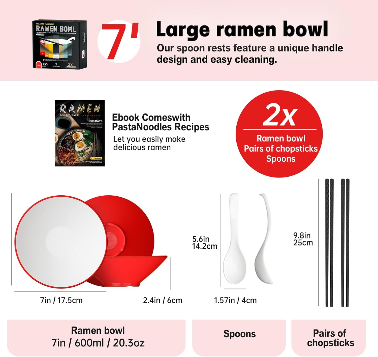 Juego de tazones de ramen Plsatic, 2 juegos de 20 onzas de doble cara de colores a juego con palillos y cucharas para cereales de ensalada, vajilla
