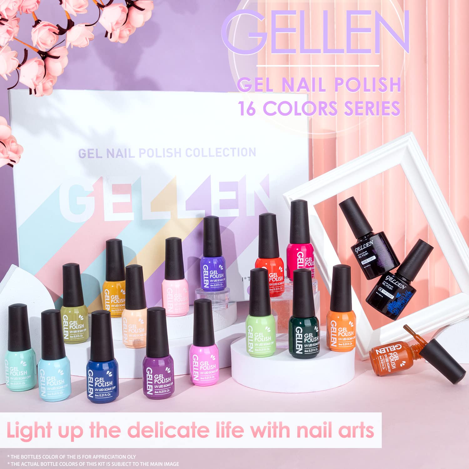Gellen Kit de esmalte de uñas de gel, juego de 16 esmaltes de uñas de caramelo arcoíris con capa base superior, esmalte de gel rosa intenso