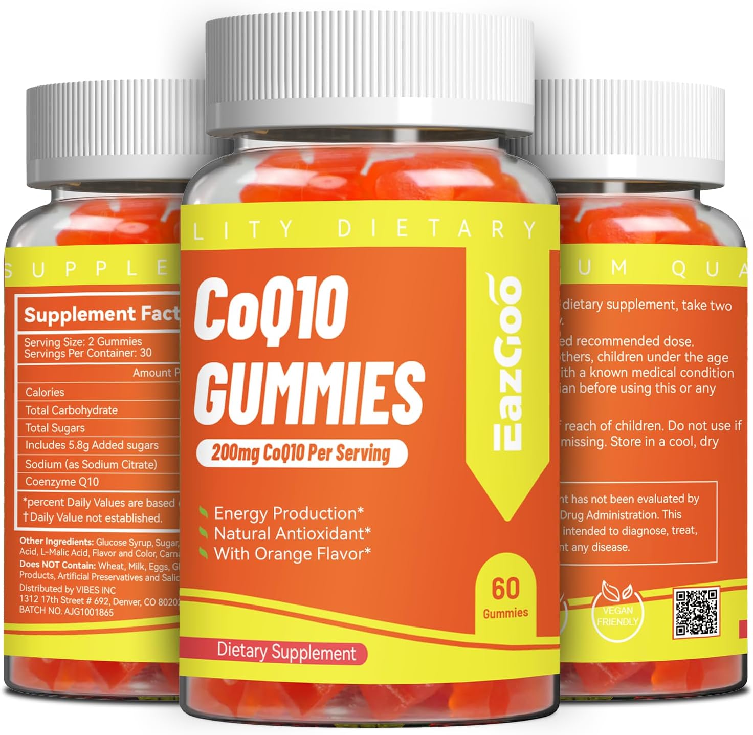 Gomitas CoQ10 de 200 mg, suplemento vegano para producción de energía, sin OMG, sin gluten (120 gomitas)