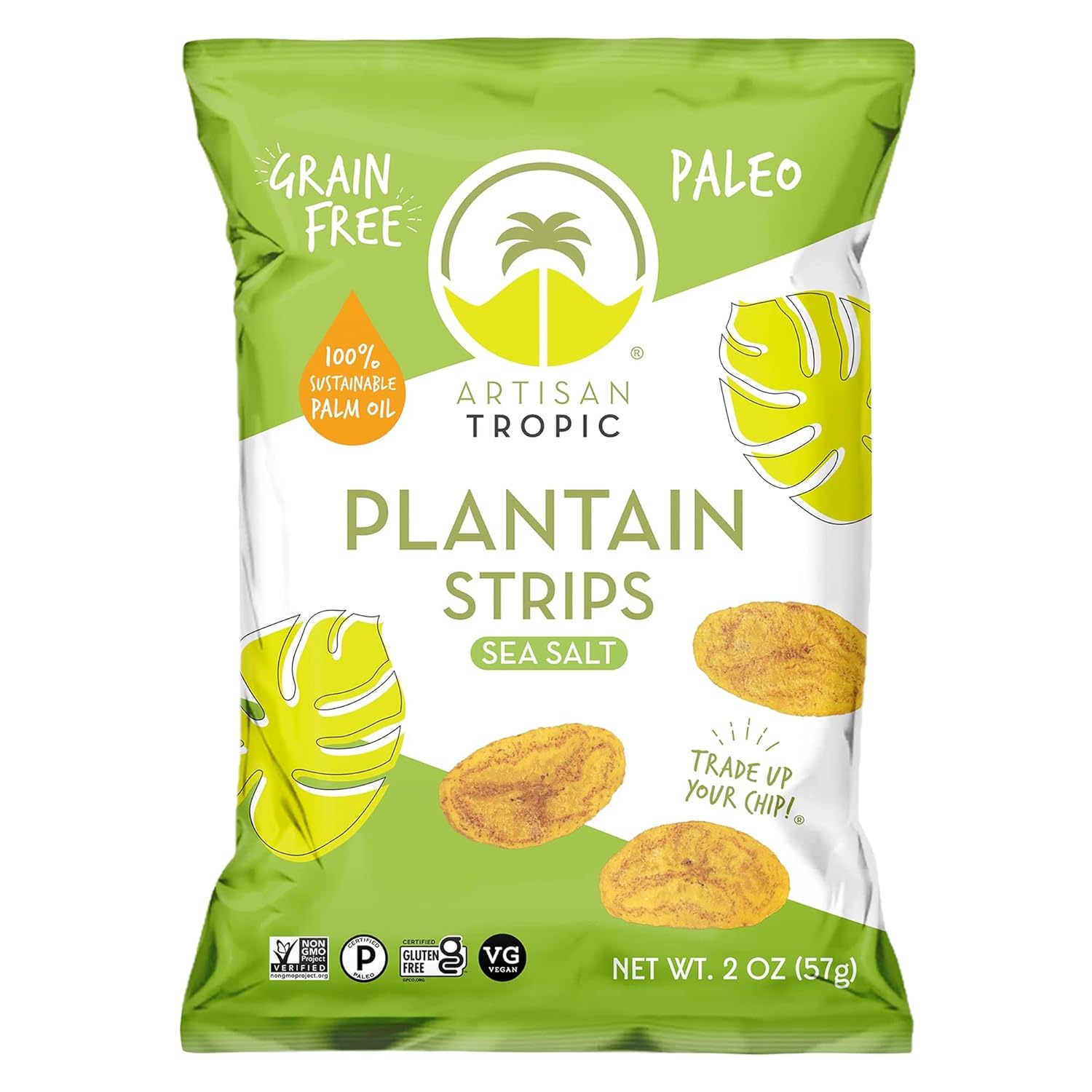 ARTISAN TROPIC Tiras de plátano con sal marina, paquete de 8, 2 onzas, vegano, paleo y sin gluten, bolsas individuales, aperitivos saludables para