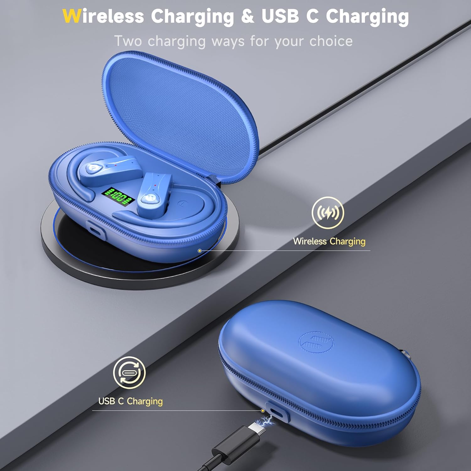Bluetooth Headphones Noise Canceling 4 Mics Clear Call Stereo Bass Sound 60H Playtime Wireless Charging Case Over Ear Earphones LED Digital Display