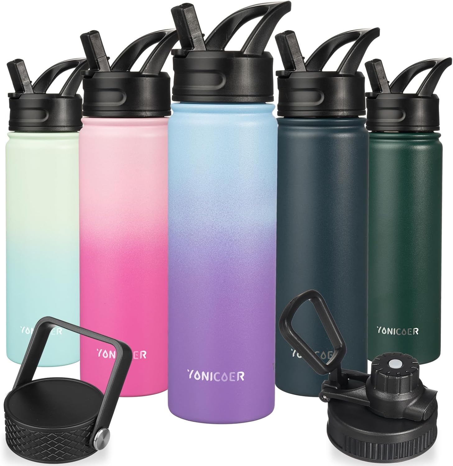 Botella de agua aislada con pajilla, termo de acero inoxidable de 22 onzas, vaso térmico de doble pared con 3 tapas a prueba de fugas, botella de