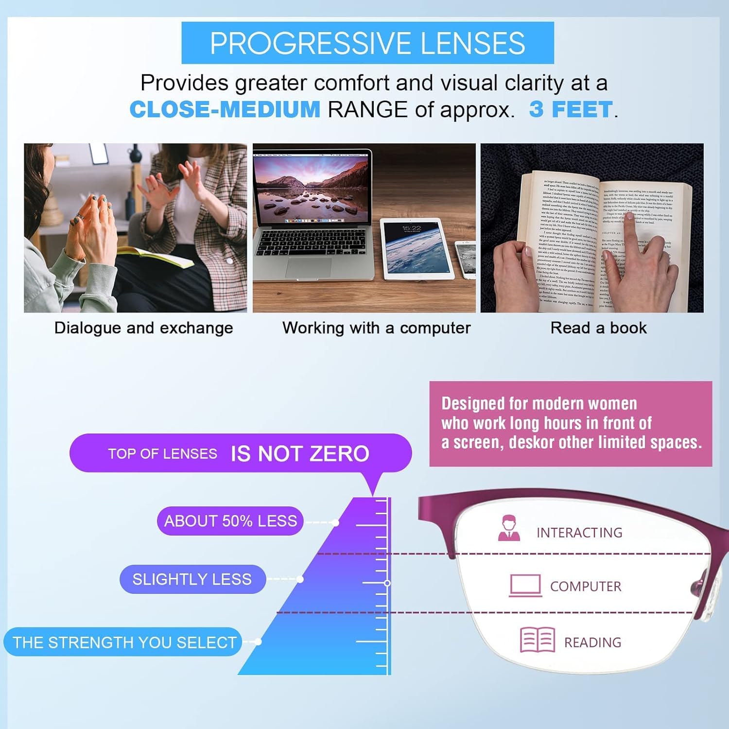 Missfive Lentes de lectura de metal multienfoque progresivos 3.0x de alta calidad para mujer y una funda, bisagra de resorte de calidad, bloqueo de