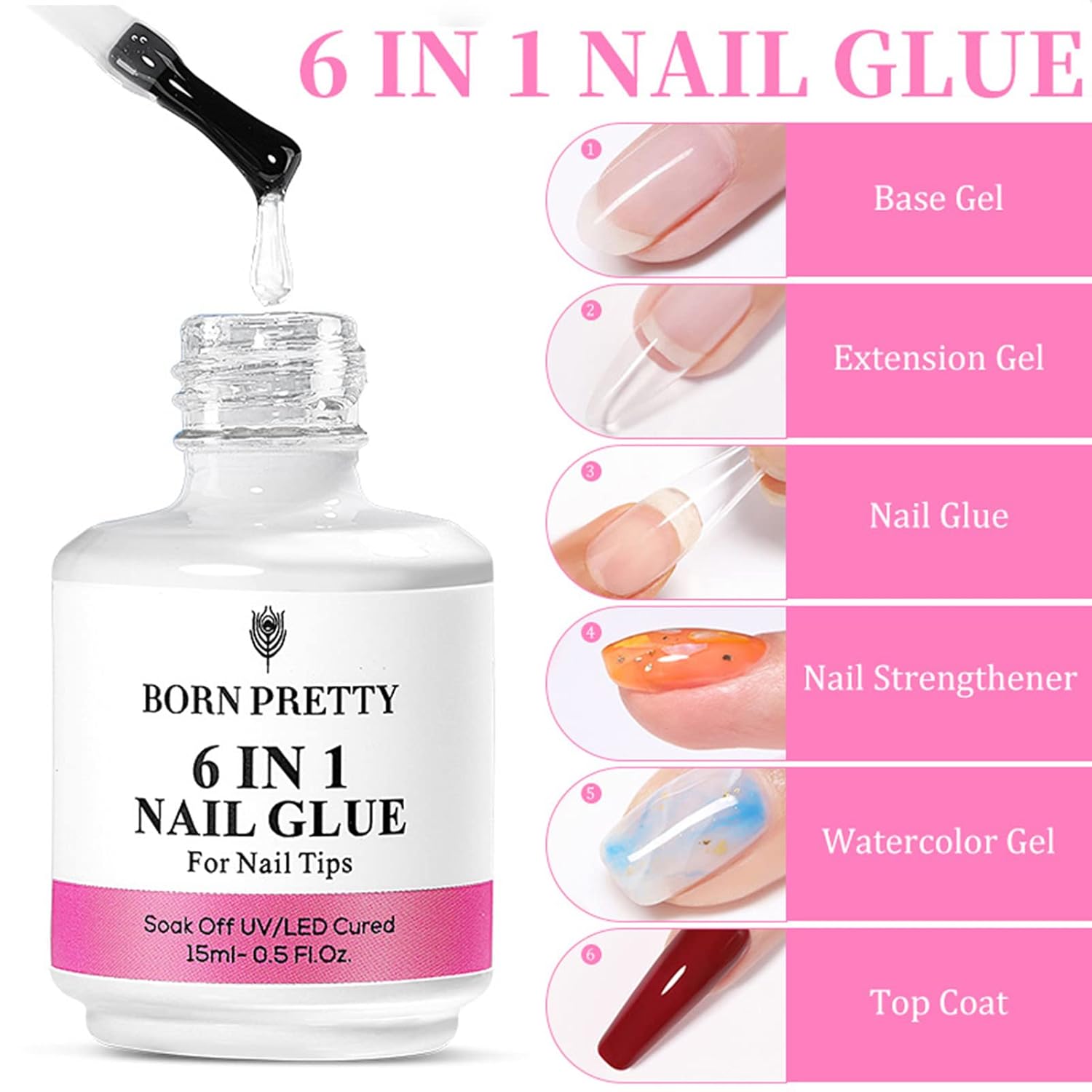 Capa base de gel de 0.5 onzas líquidas que no se limpia, 6 en 1 con pegamento UV LED para uñas, capa superior de gel para salón de uñas, lámpara LED
