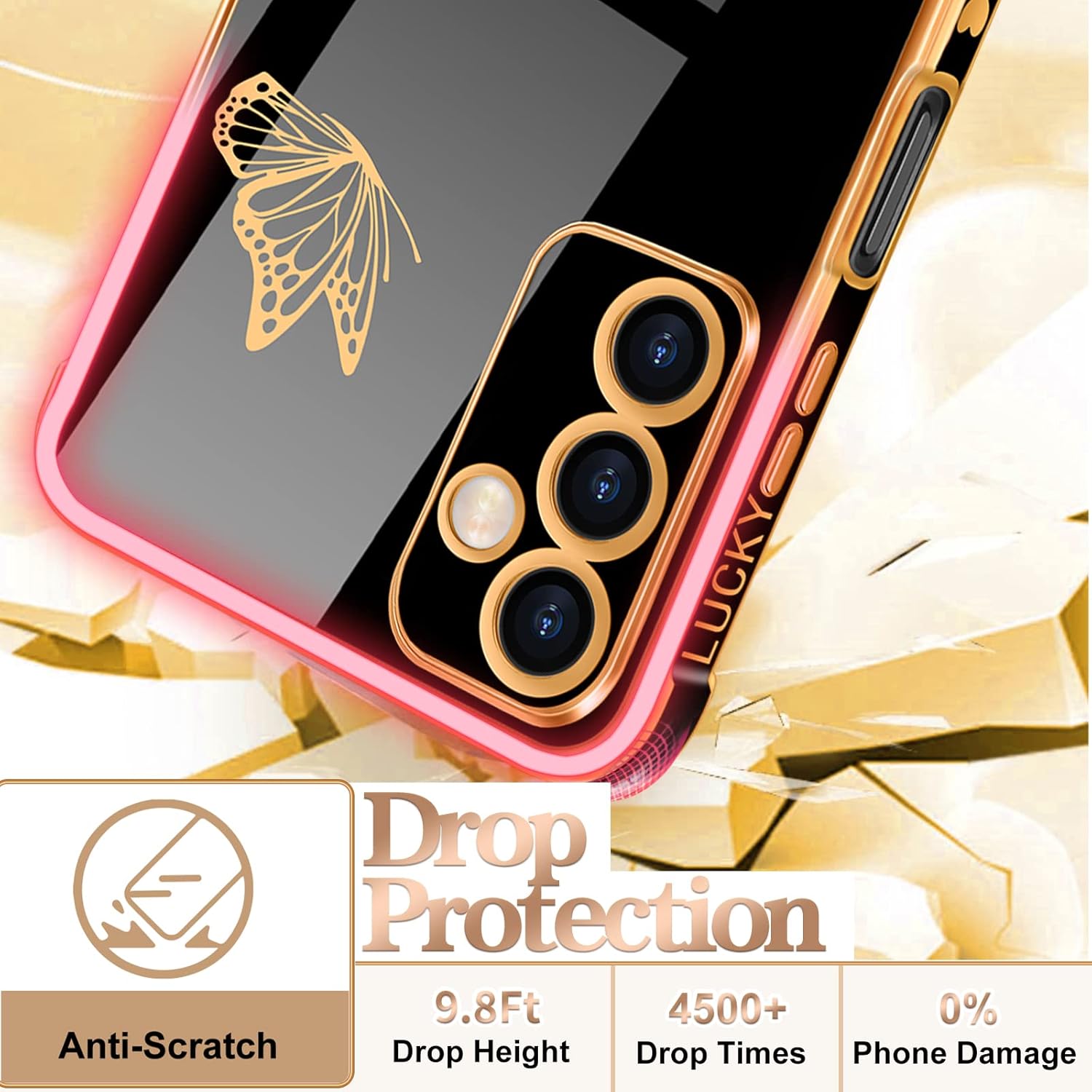 Coralogo Funda para teléfono Samsung Galaxy A14 5G con diseño de mariposas para mujeres y niñas, diseño de mariposas chapado en negro y dorado con