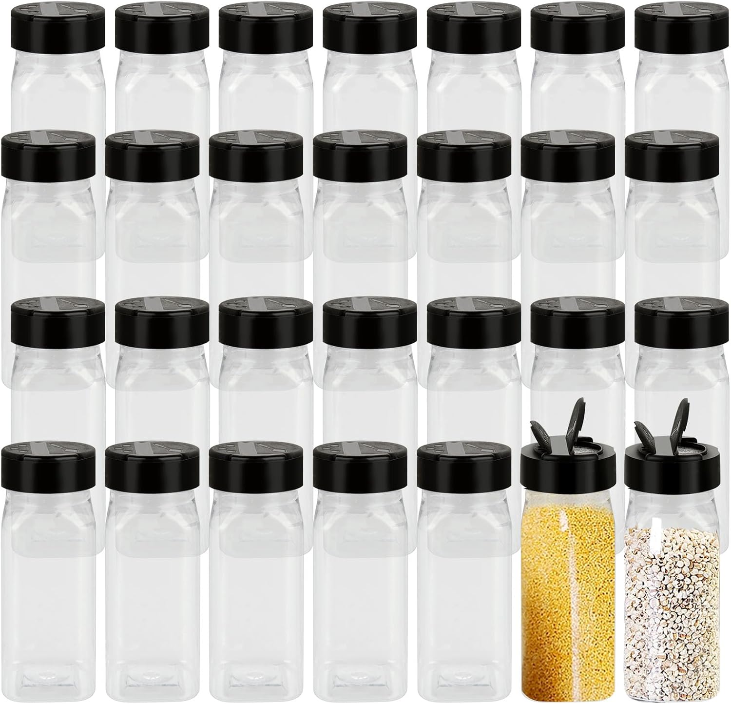 Paquete de 28 tarros cuadrados de 3.5 onzas para especias de plástico transparente con tapas de coctelera, frascos vacíos para especias, hierbas,