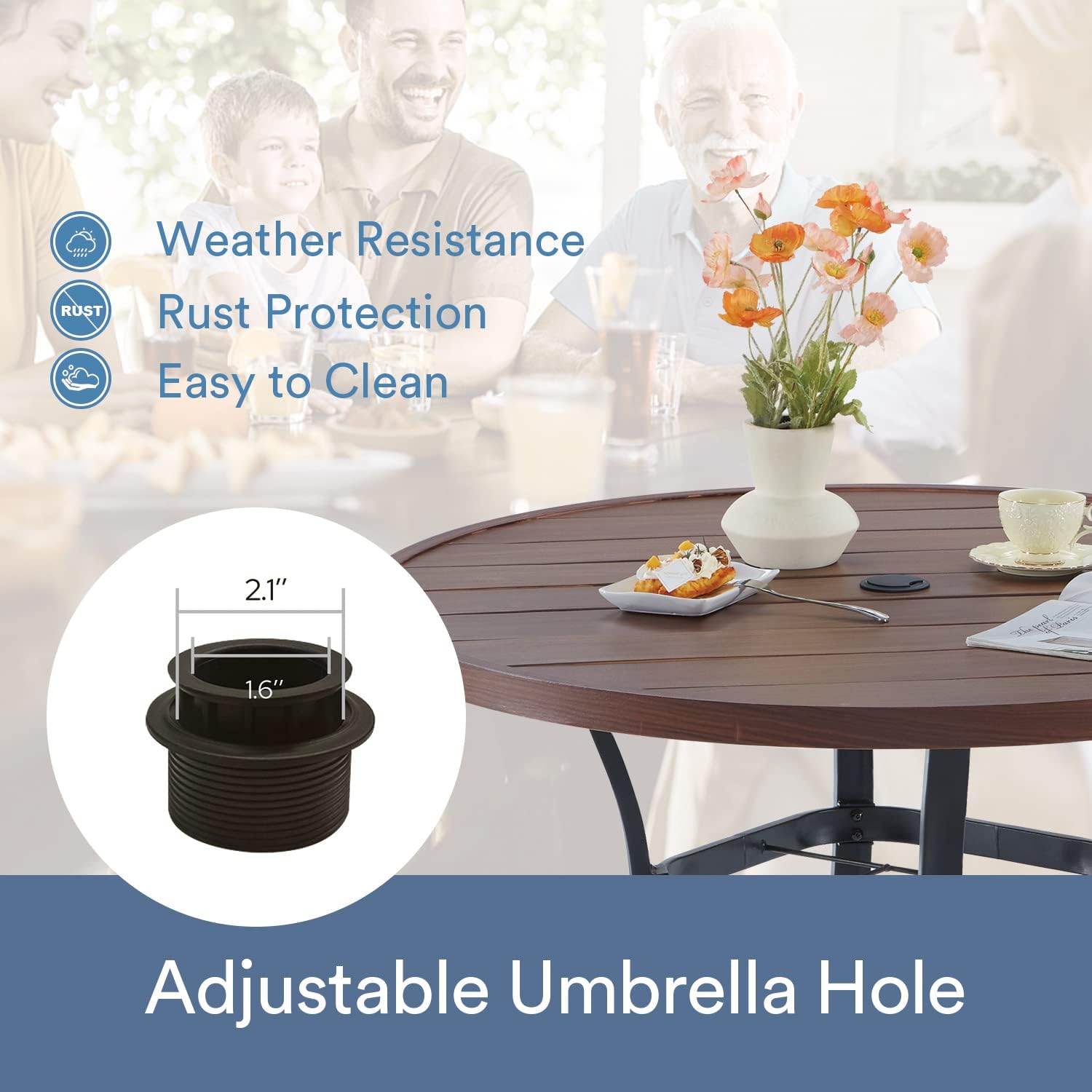 VICLLAX Mesa de comedor redonda para patio al aire libre, mesa redonda de listones de metal de 41 x 41 pulgadas con agujero ajustable para sombrilla