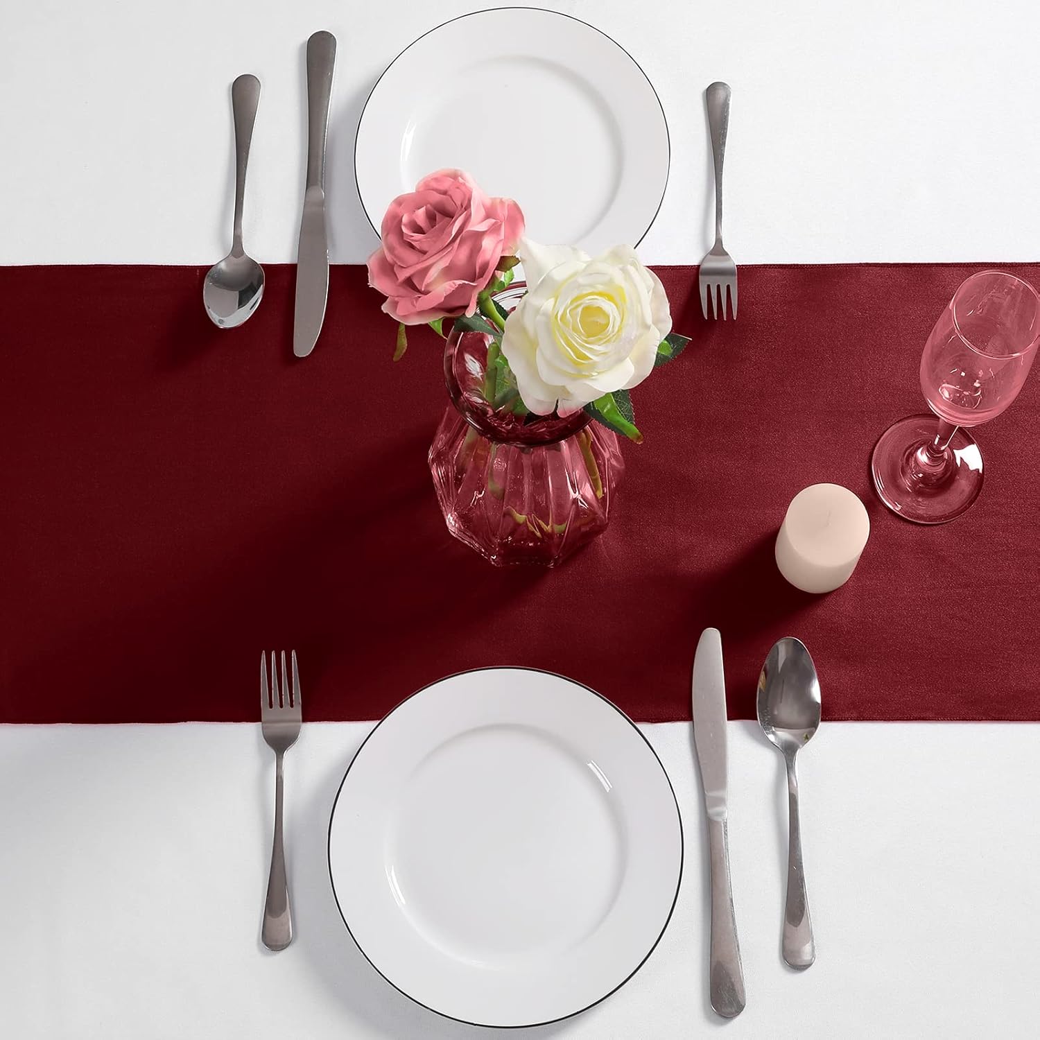 24 caminos de mesa color granate satinado  12 x 108 pulgadas de largo, camino de mesa para fiesta, decoración brillante y suave, decoración de boda,