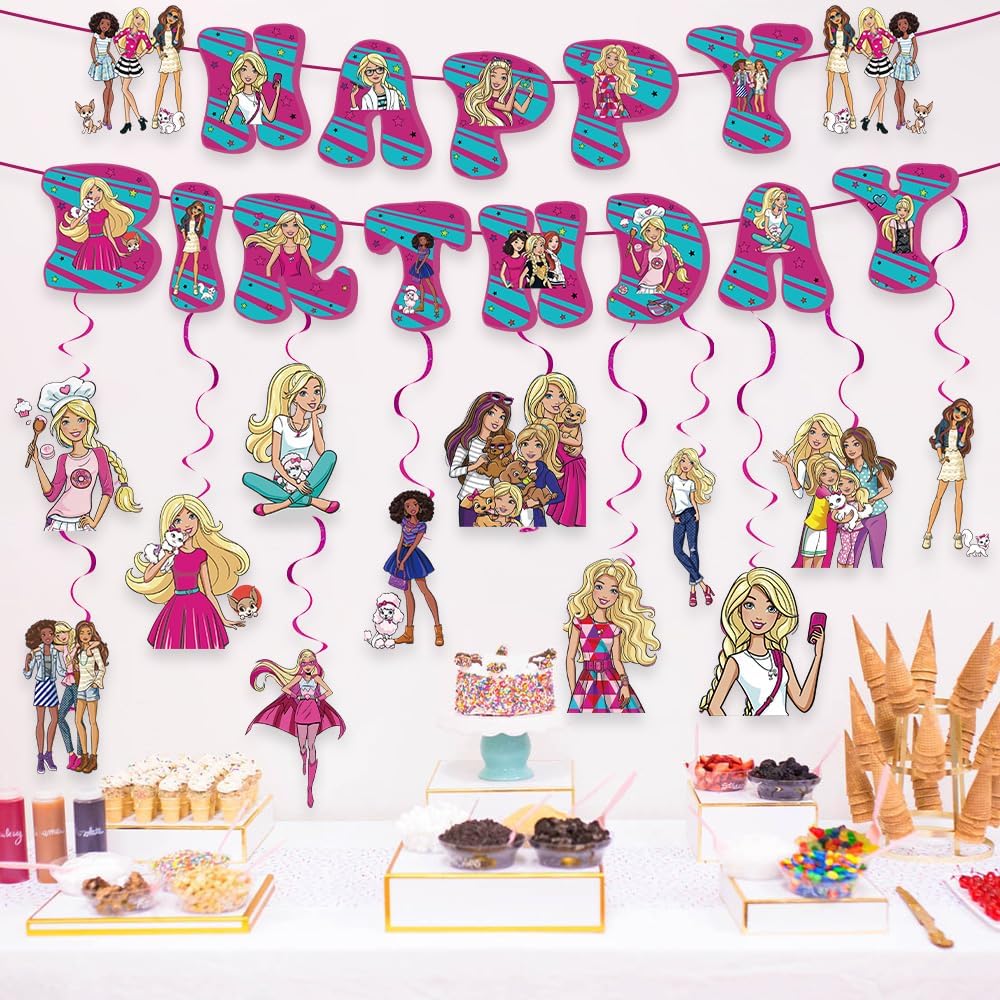 Suministros de fiesta de cumpleaños de ensueño para niñas, pancarta rosa de feliz cumpleaños con 12 espirales colgantes, decoraciones de fiesta rosa
