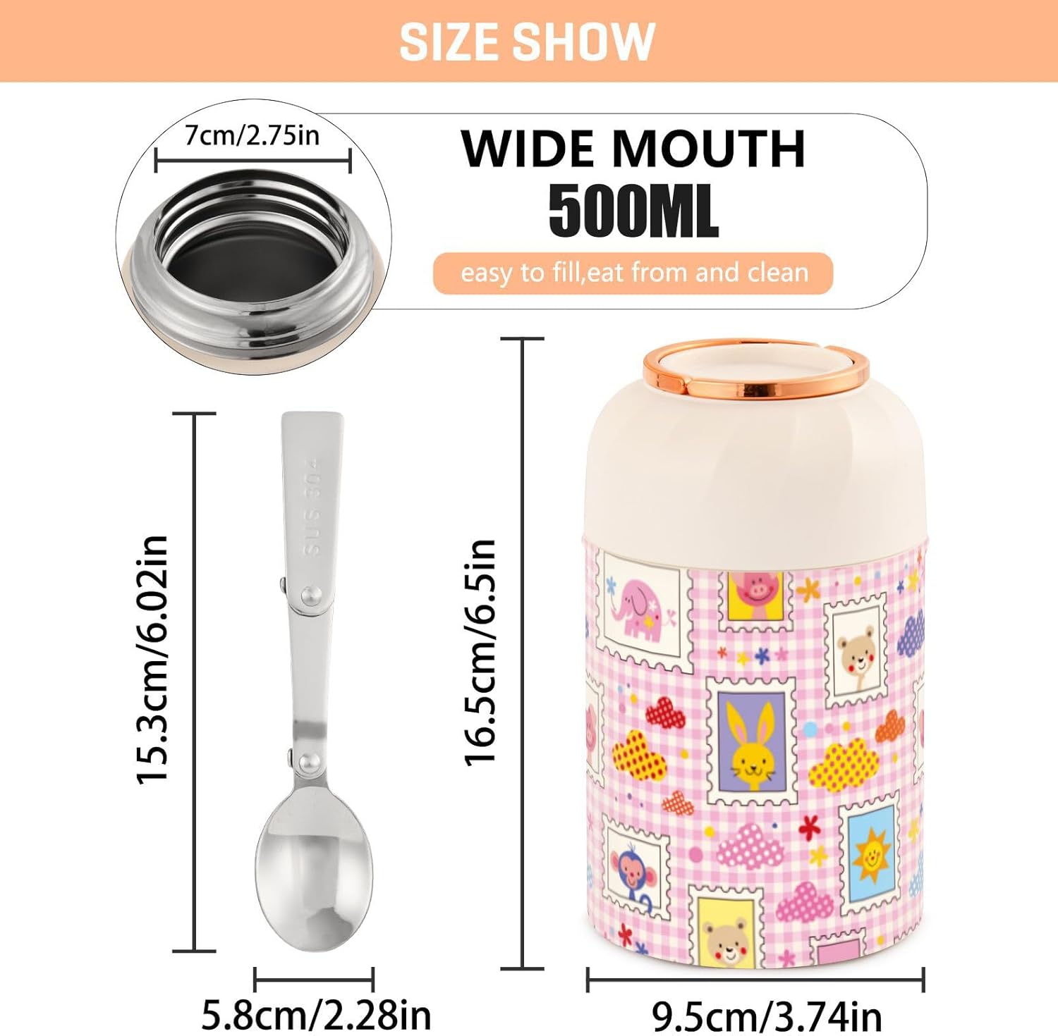 Lindo elefante oso conejo, flores rosadas, para niños y mujeres, tarro de comida aislado con cuchara de 17 oz16.9 fl oz, recipientes térmicos de
