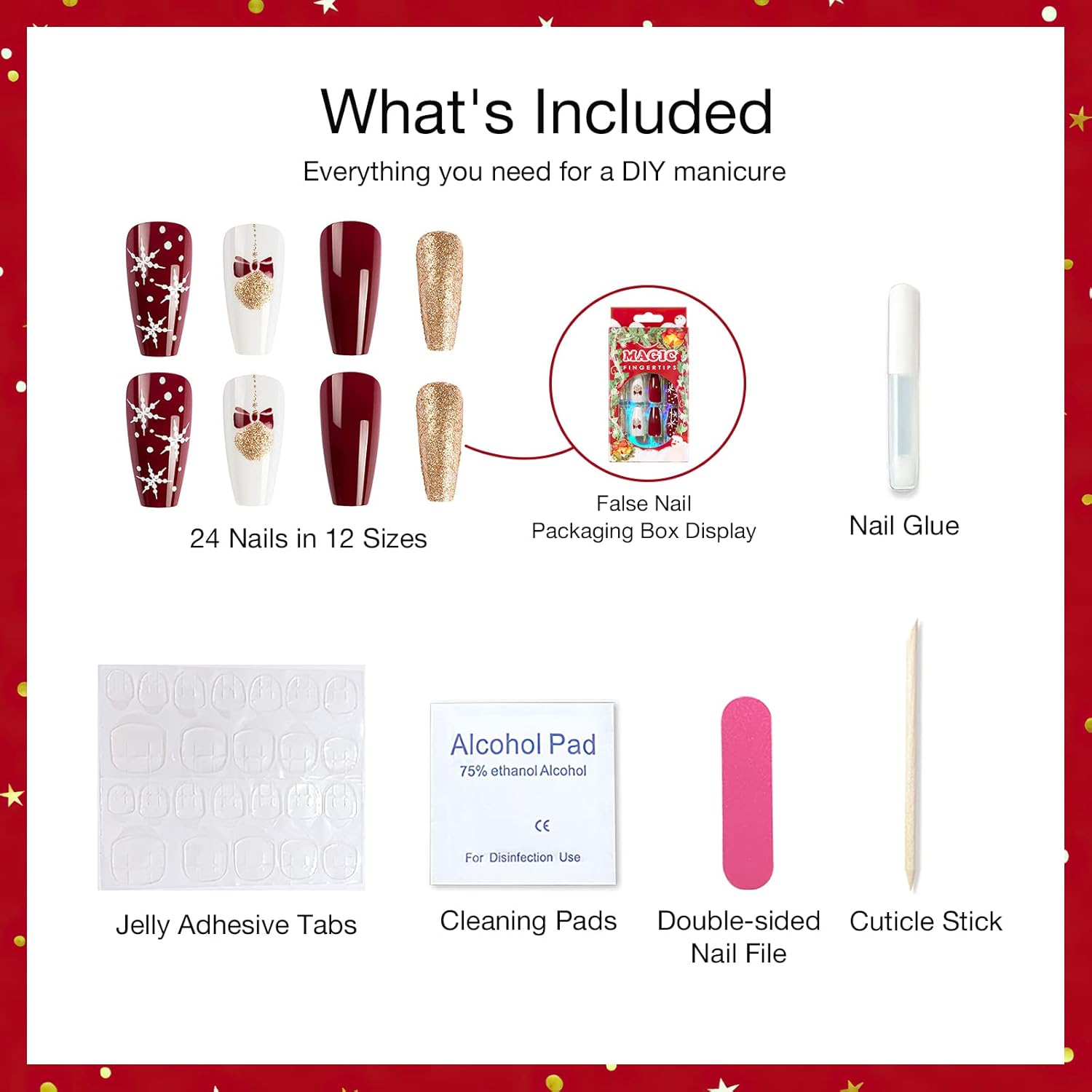 Kit de uñas postizas de acrílico de ataúd corto para Año Nuevo, decoración artística de copo de nieve de Navidad, puntas falsas de bailarina 05