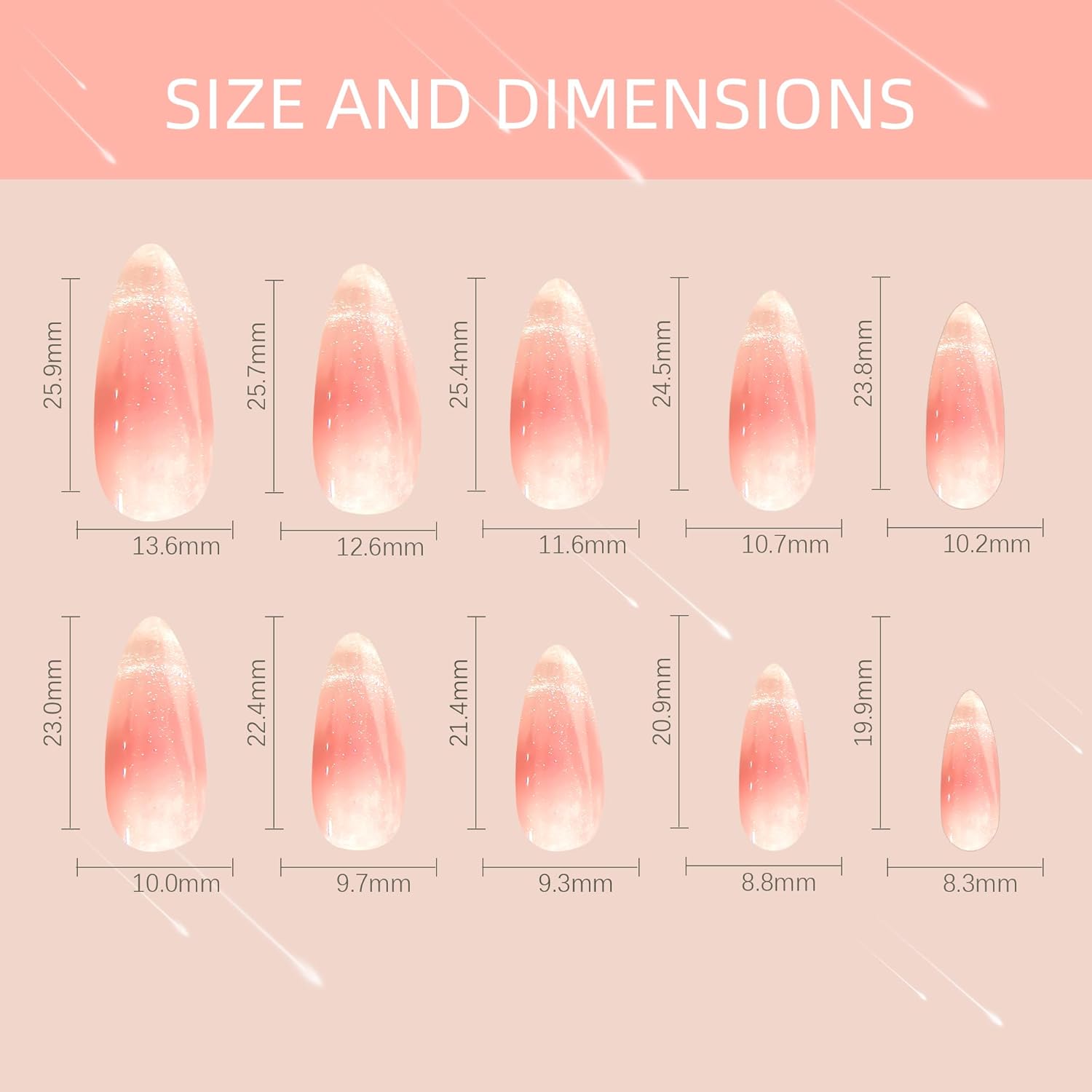Kuiini Mov Uñas postizas a presión, ojos de gato, uñas con pegamento, kit de uñas de gel de 24 piezas Miss Galaxy Almond a presión, kit de uñas