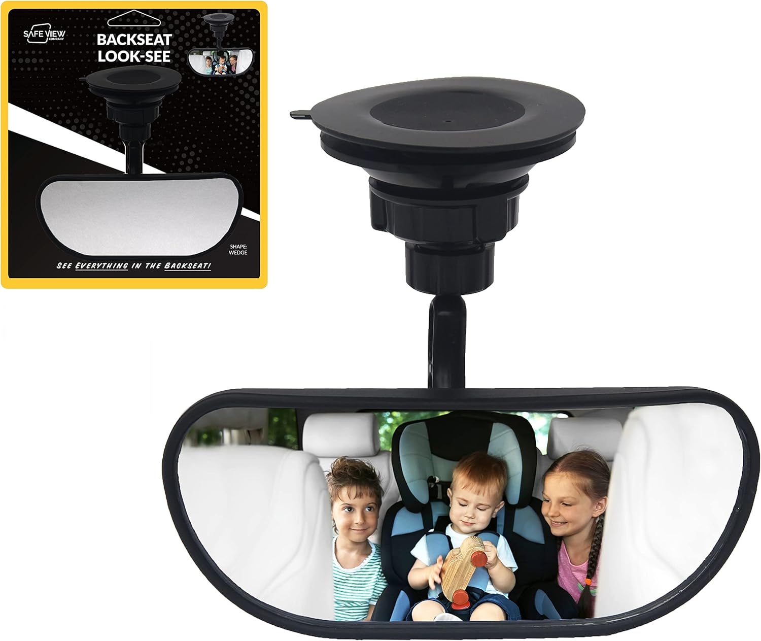 “Backseat Look-See” de Safe View Company, potente espejo convexo con ventosa con ventosa, mira a tus hijos, cónyuge, todos los pasajeros en el