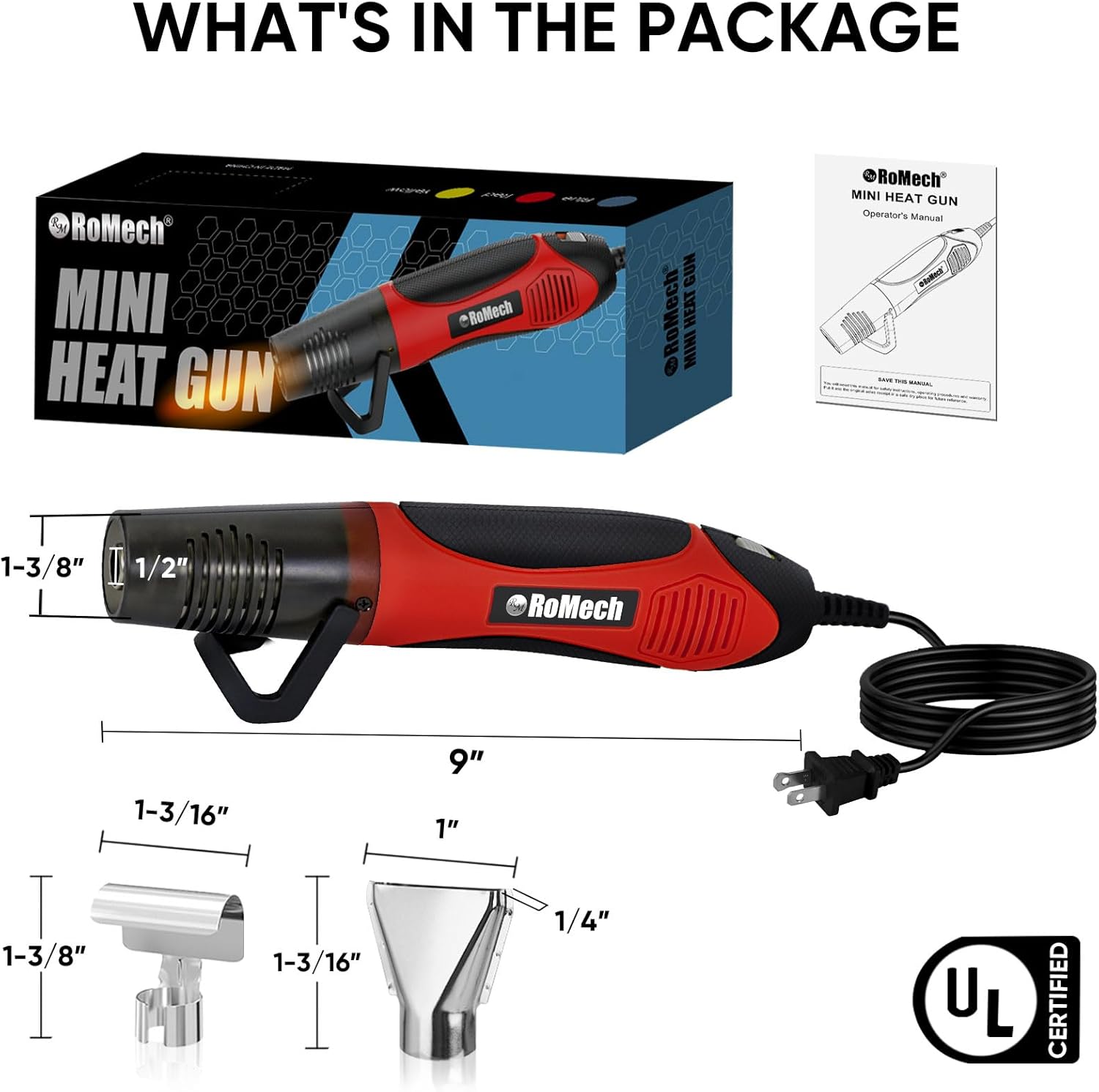 ROMECH Pistola de calor de 350 W con 2 boquillas, pistola de calor de doble temperatura de 400 F a 660 F, pistola de aire caliente de calor rápido