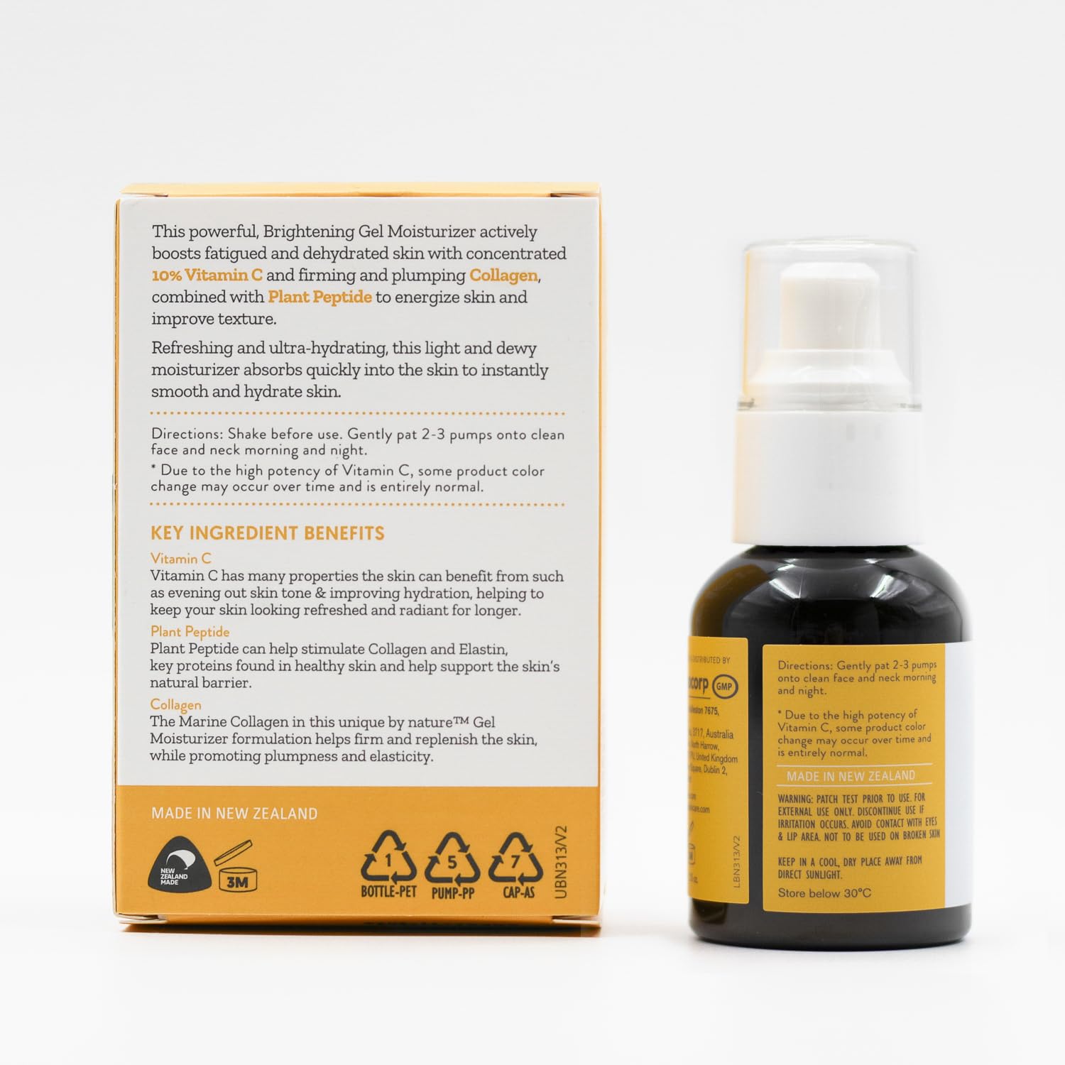 By Nature Gel hidratante facial  10% vitamina C + péptido de colágeno hidratante iluminador para cara y cuello  Energiza e hidrata la piel opaca +