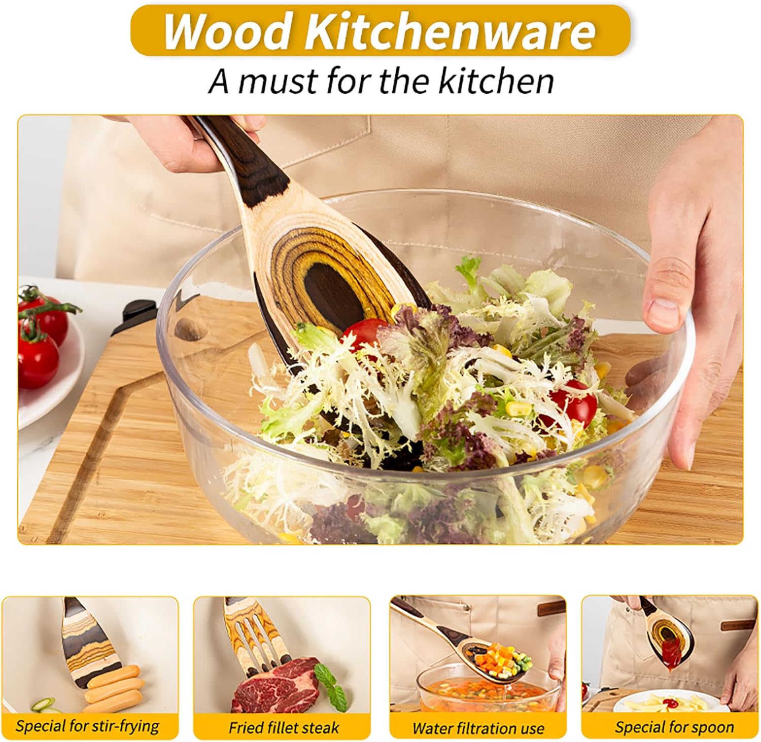 Gudamaye Juego de utensilios de madera de Pakkawood marrón de 7 piezas, resistentes, ecológicos, cuchara de madera para cocinar, utensilio de madera