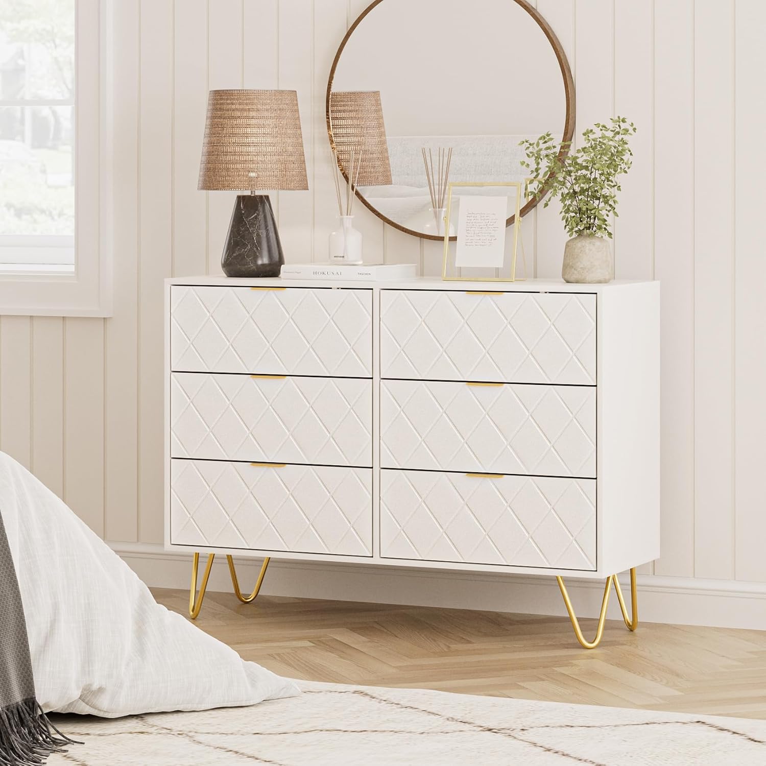Masupu Cómoda de 6 cajones, moderna cajonera, cómoda de almacenamiento ancha con patas de metal, cómoda para dormitorio, sala de estar, armario,