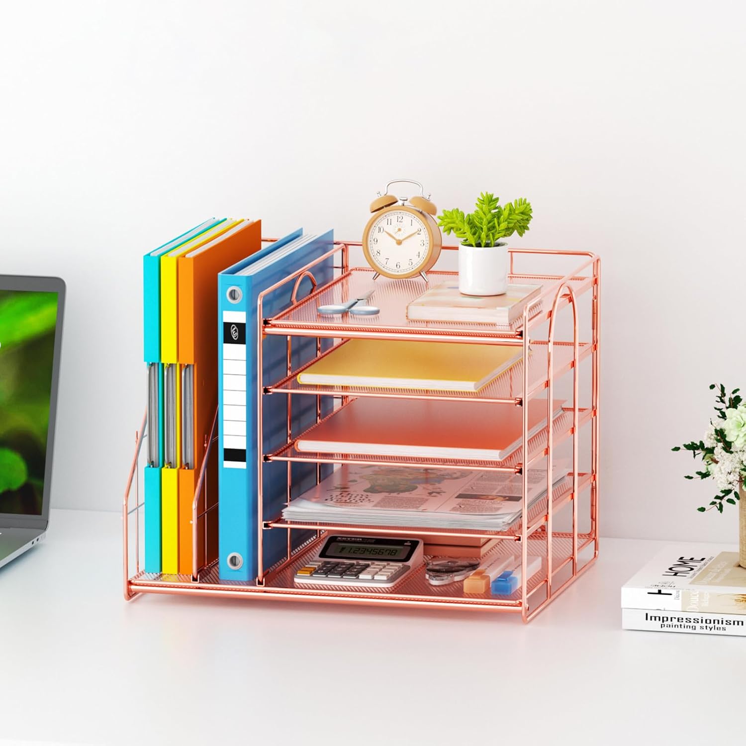 Marbrasse Organizador de escritorio con soporte para archivos, bandeja de papel de 5 niveles, accesorios de escritorio de malla, soporte para