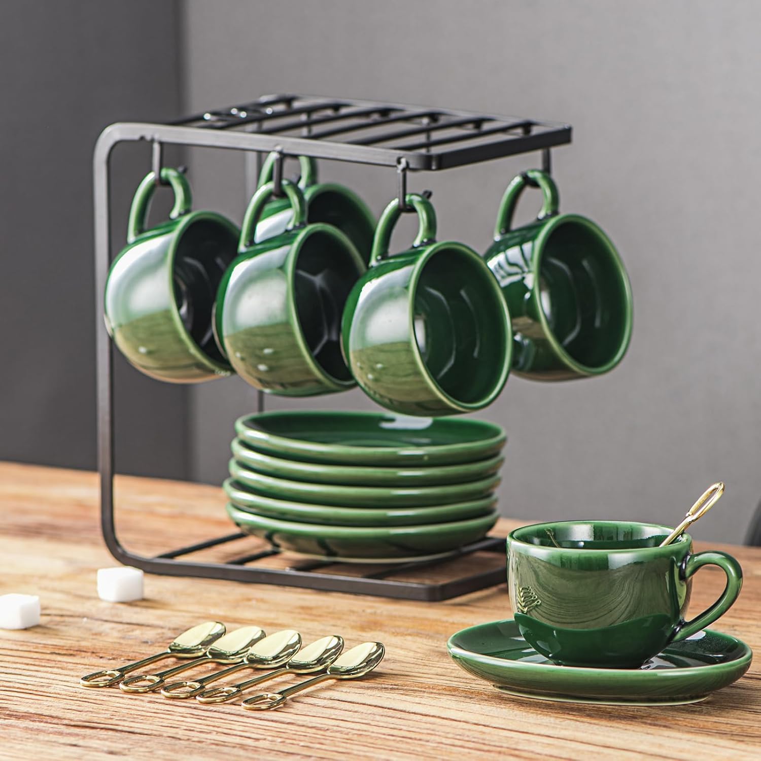 vicrays Tazas de café espresso de cerámica, juego de tazas de café expreso de porcelana de 4 onzas con platillos cucharas y soporte de metal para