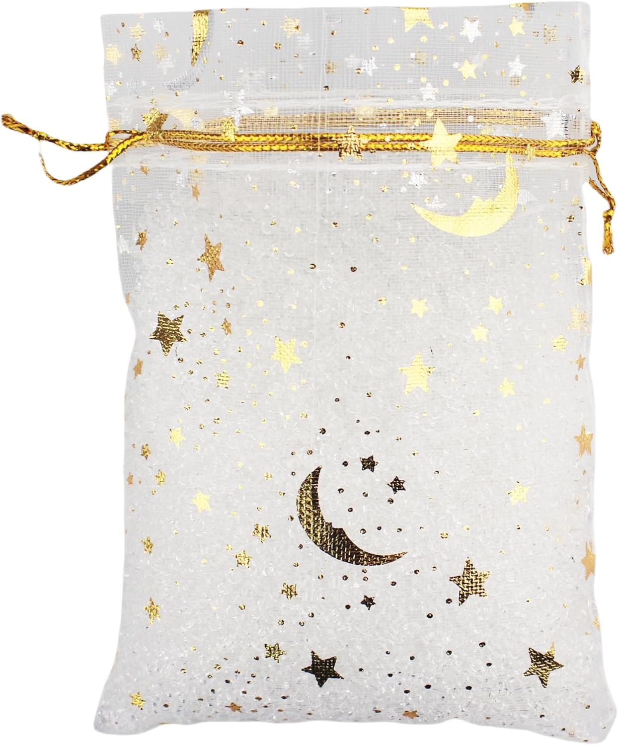 QIANHAILIZZ – 100 bolsas de organza con diseño de estrellas y lunas para joyas, para regalo de caramelos, regalo de matrimonio, con cordón ajustable.